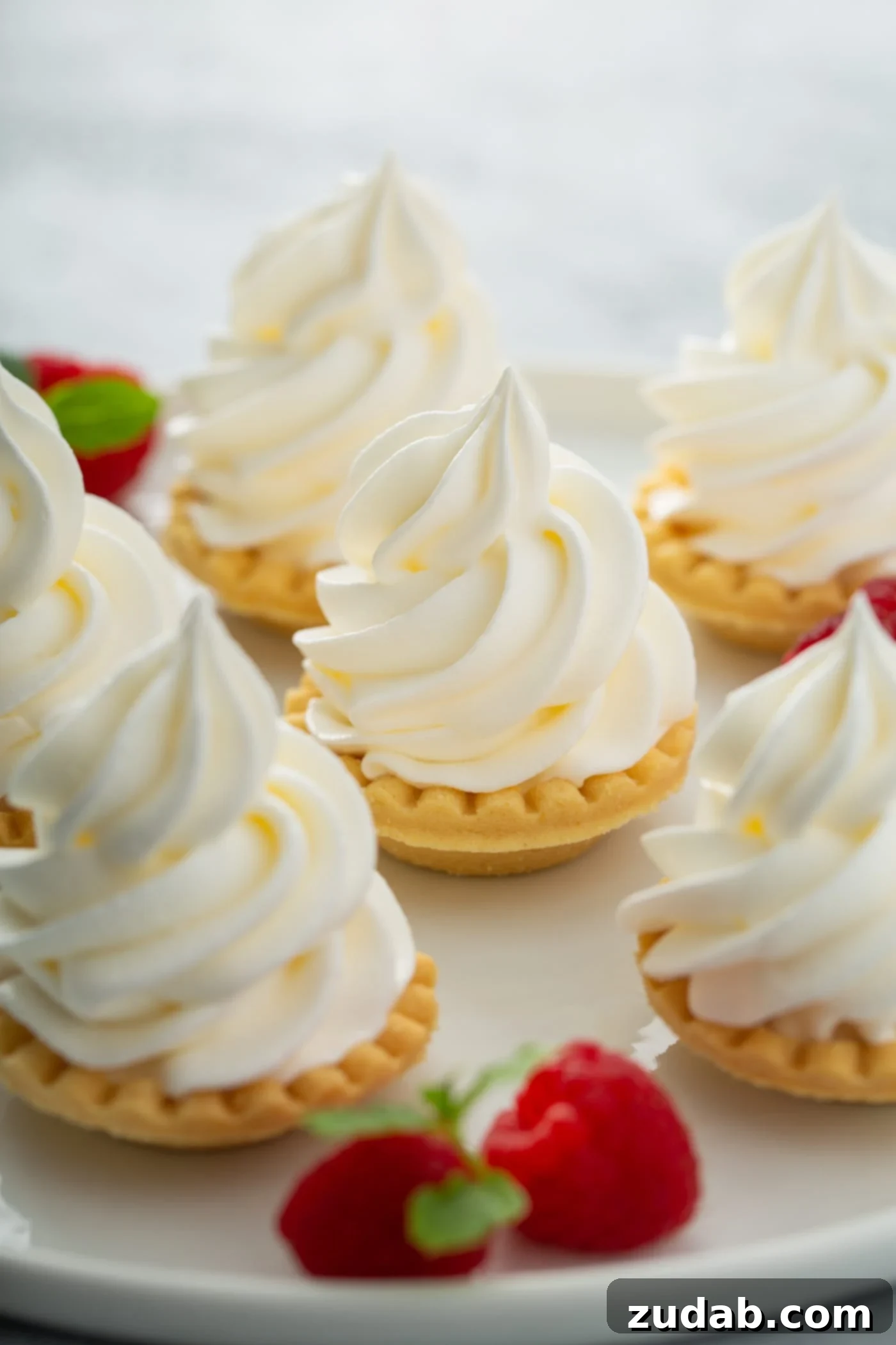 Stabilized Whipped Cream Recipe 6 small tarts topped with swirled whipped cream. there are a few raspberries scattered around the tarts.