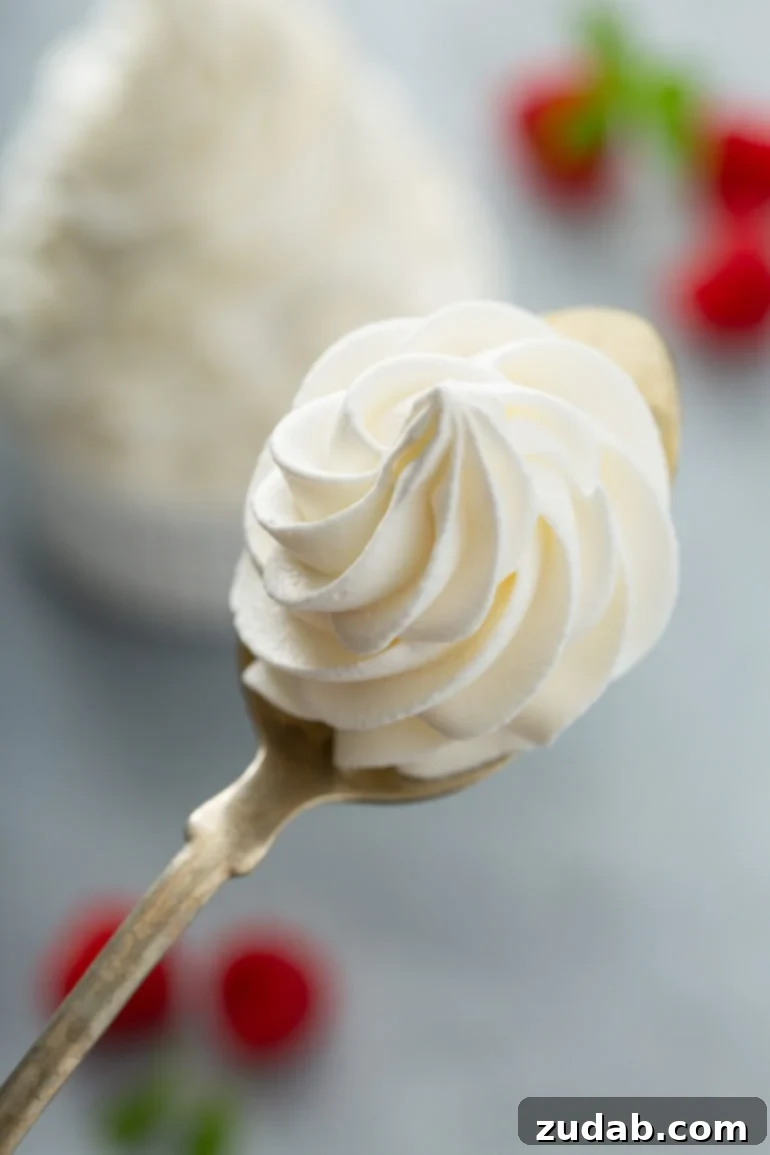 The Ultimate Guide to Foolproof Whipped Cream Stability 4 A spoon with thick whipped cream piped into it. A few raspberries are scattered on the table and a bowl of whipped cream is in the background.