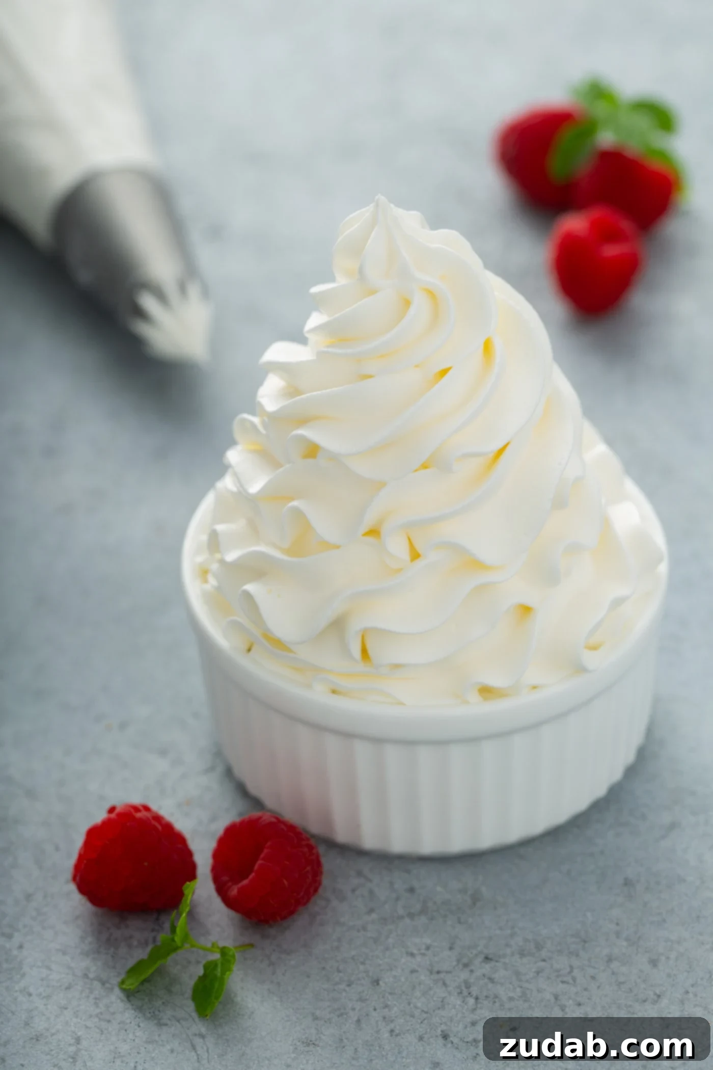 Stabilized Whipped Cream Uses A bowl with swirled whipped cream. there are a few raspberries next to the bowl and a piping bag in the background.