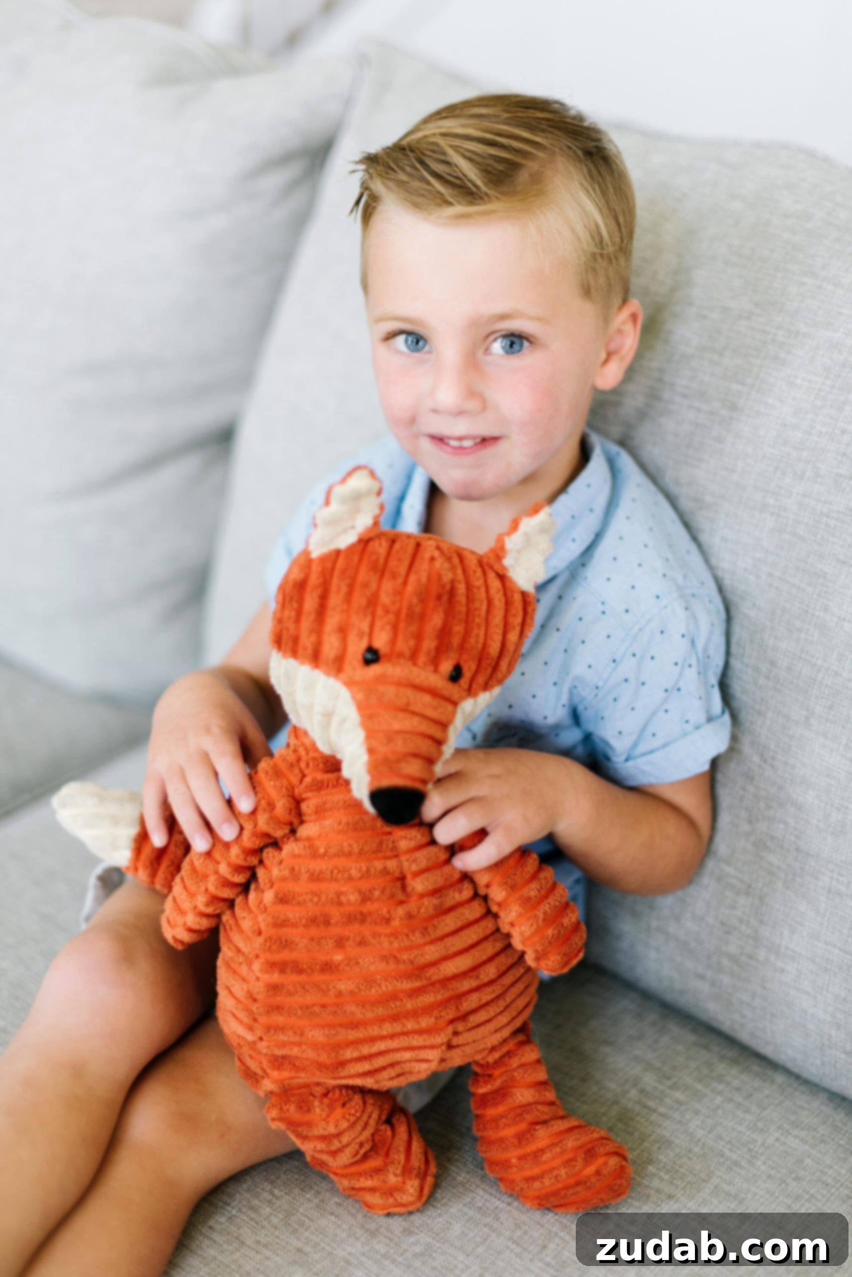 Living the Heck Out of Life A heartwarming image of a young, blue-eyed boy sitting comfortably on a couch, gently holding his beloved stuffed toy fox, symbolizing innocence, comfort, and cherished moments.