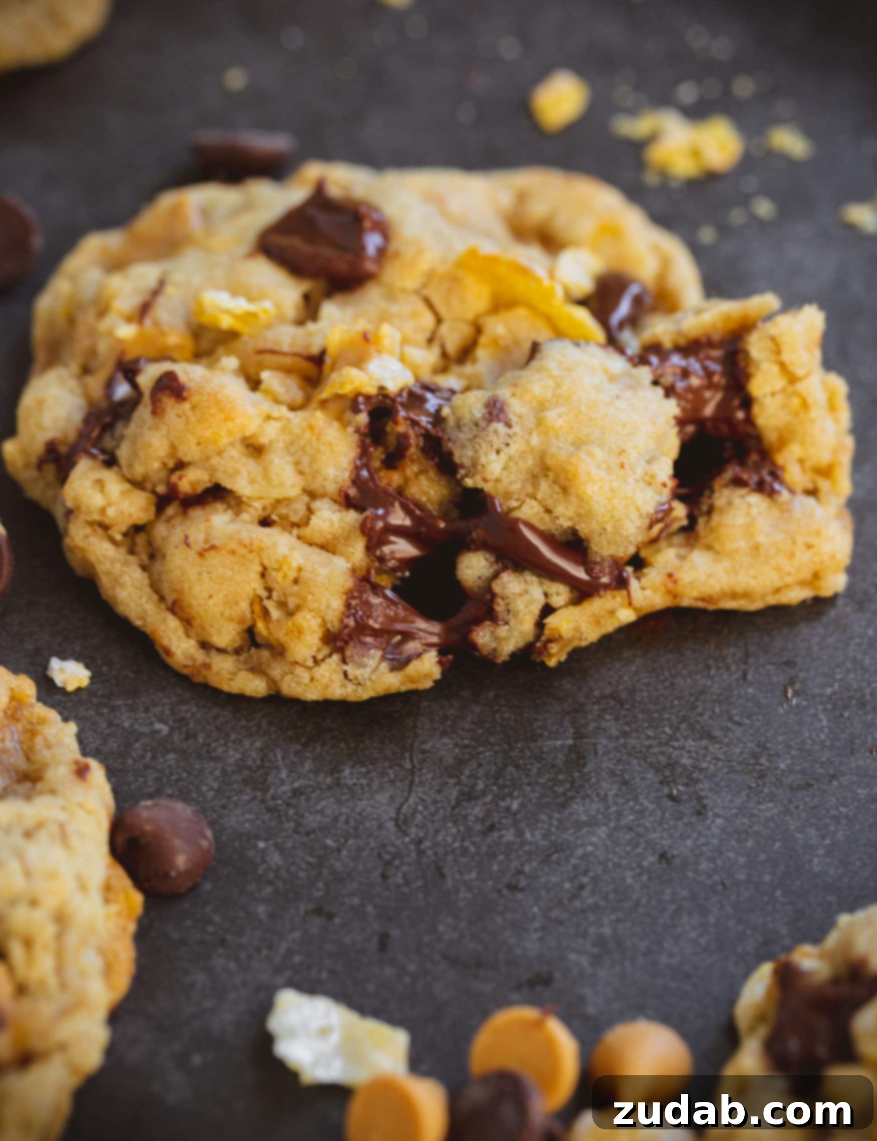 Favorite Cowboy Cookies A cowboy cookie on a baking sheet with several other cookies. The chocolate chips and peanut butter chips are all melty and warm.
