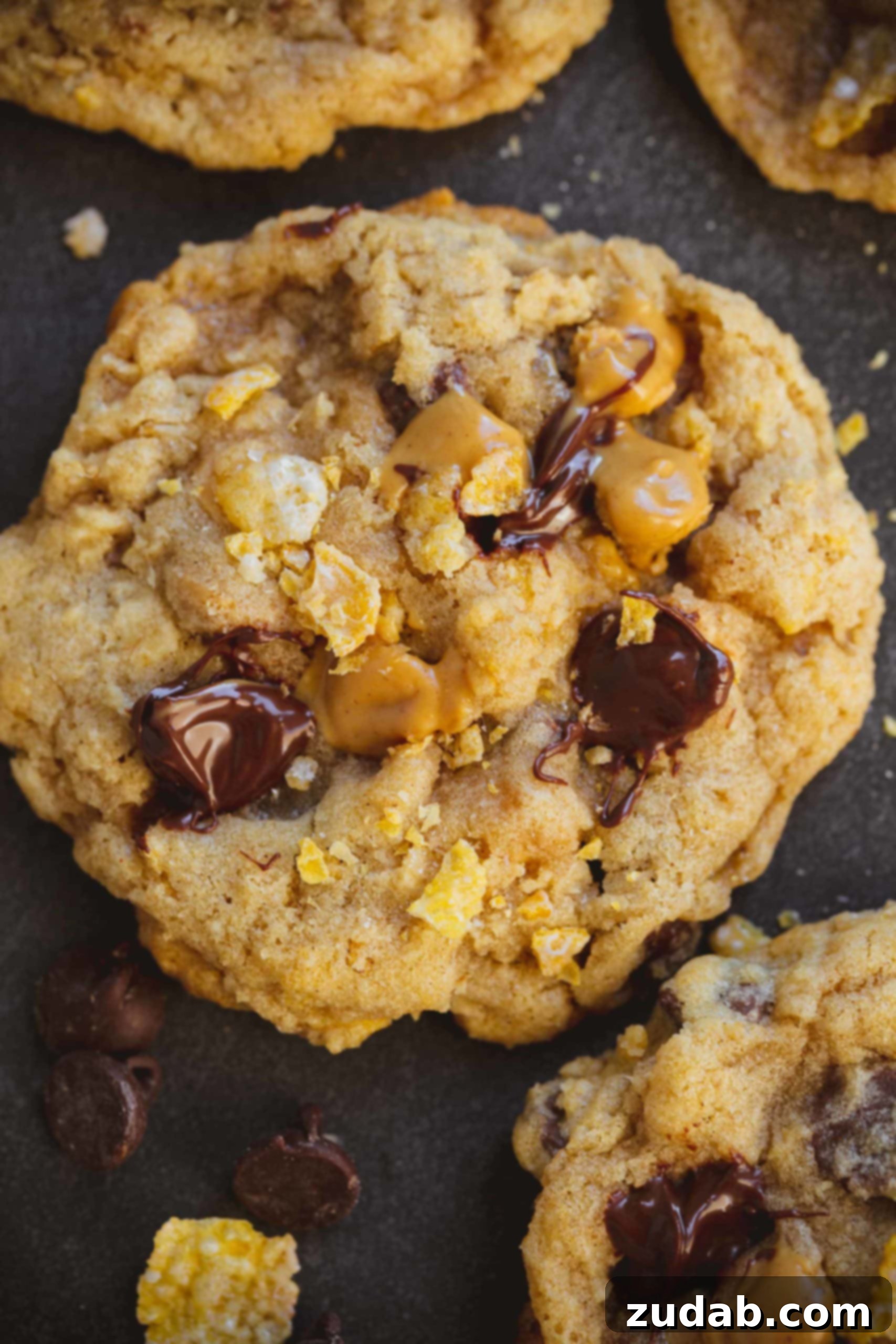 Favorite Cowboy Cookies A cowboy cookie warm from the oven. The chocolate and peanut butter chips are soft and malted.