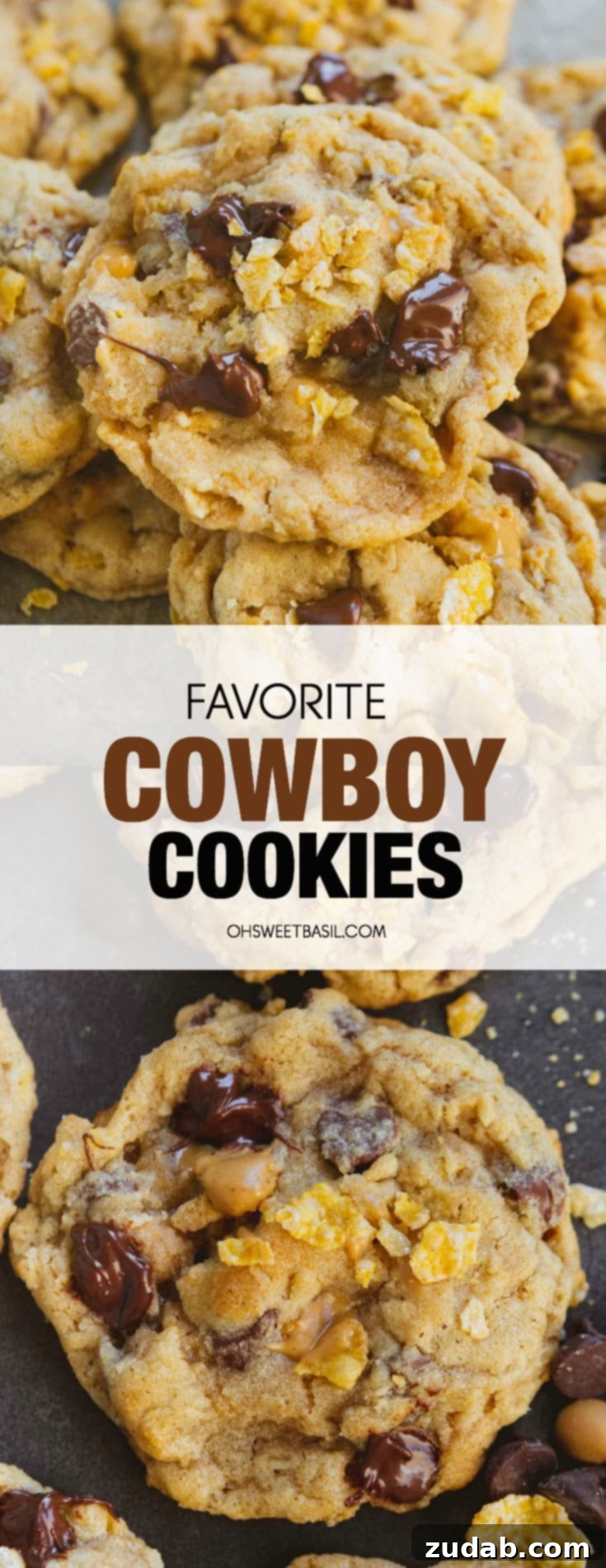 Ultimate Cowboy Cookies 3 a stack of cowboy cookies with melty chocolate and peanut butter chips.