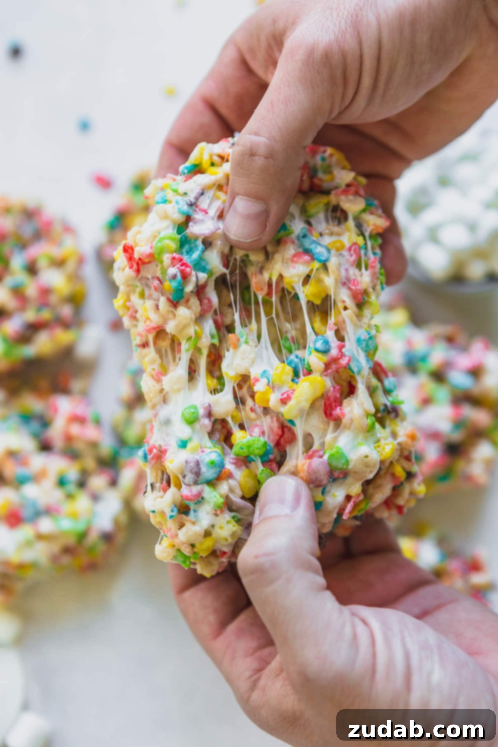 Gooey Fruity Pebbles Rice Krispie Treats Recipe A square of homemade Fruity Pebbles Rice Krispie treats being pulled apart, revealing strands of gooey marshmallow and colorful cereal.