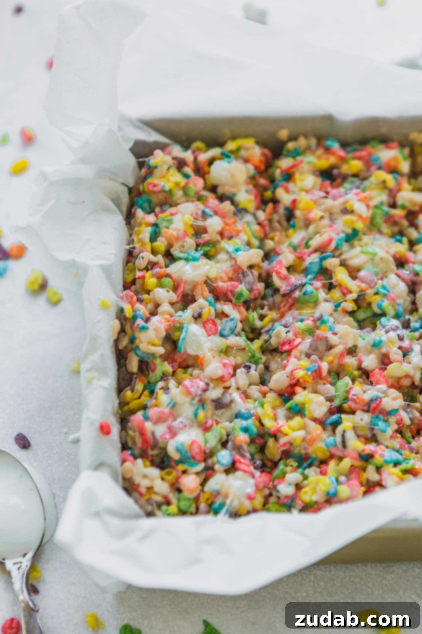 Fruity Pebbles Rice Krispie Treats Slices Sliced Fruity Pebbles Rice Krispie treats in a parchment-lined pan, showing gooey marshmallow and rainbow cereal.
