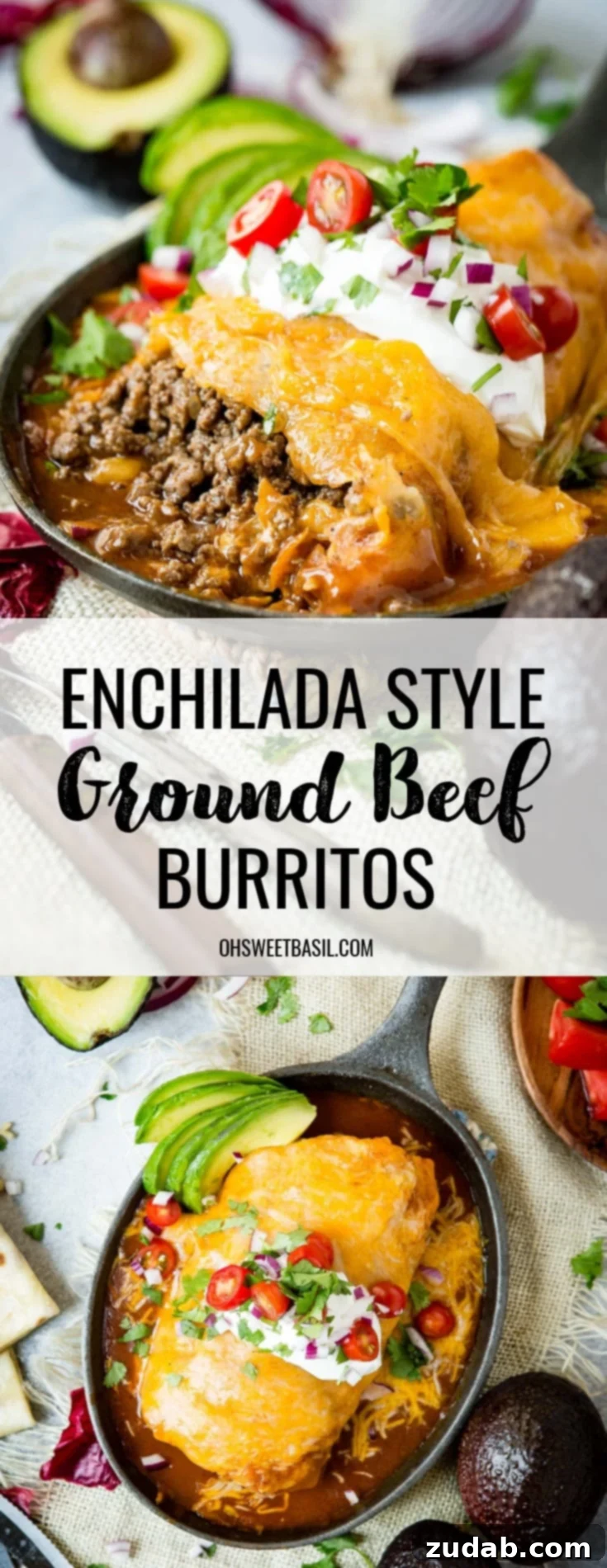 Weeknight Enchilada Beef Burritos 7 A large ground beef burrito, cut open to reveal the seasoned ground beef filling, nestled in a cast iron skillet. It's generously topped with a rich red sauce and melted cheese, garnished with fresh sour cream, diced red onions, chopped cilantro, and sliced grape tomatoes, with avocado slices arranged neatly on the side.