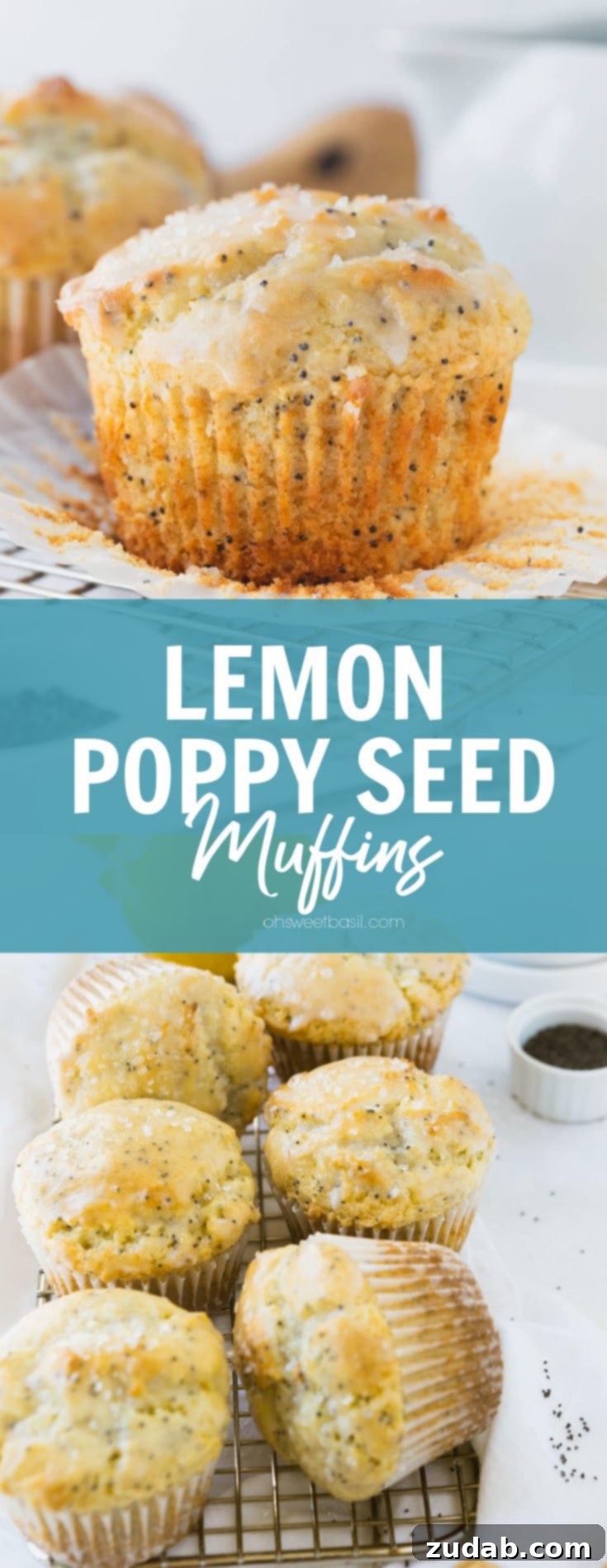 Zesty Lemon Poppy Seed Muffins 4 6 lemon poppy seed muffins with lemon glaze. There are two lemons in the background.