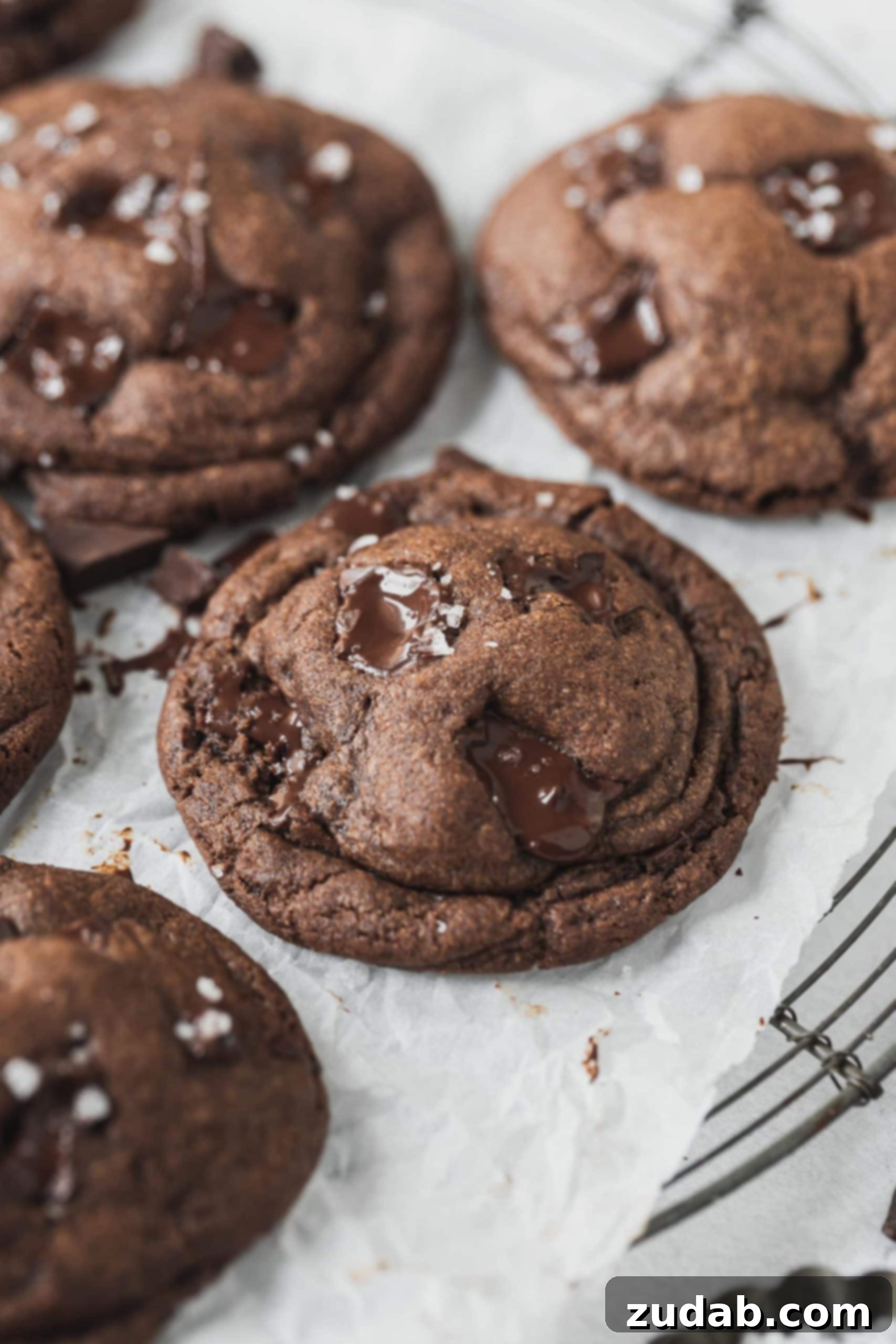 The Best Chocolate Chip Chocolate Cookies A batch of warm chocolate chocolate chip cookies arranged on a wire cooling rack. Each cookie is dotted with visibly melted chocolate pieces, showcasing their fresh-baked perfection and rich chocolate content.