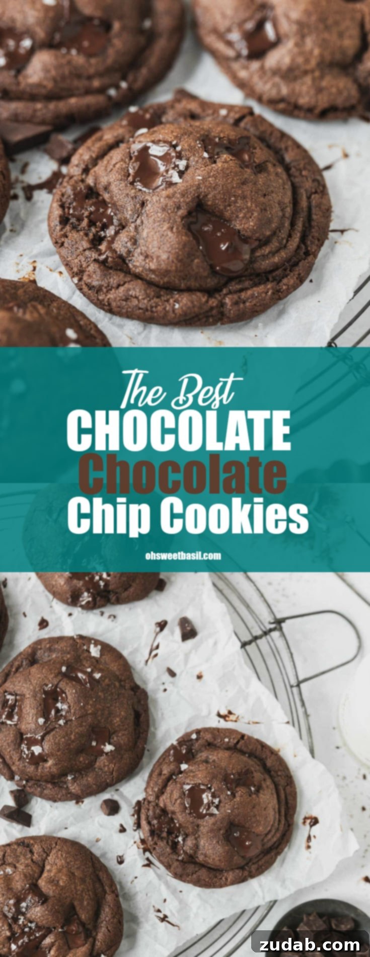 Ultimate Double Chocolate Chip Cookies 3 A large, cooling rack laden with an abundance of chocolate chocolate chip cookies. Each cookie is beautifully deep brown, featuring numerous pockets of melted chocolate chips, resting on parchment paper.