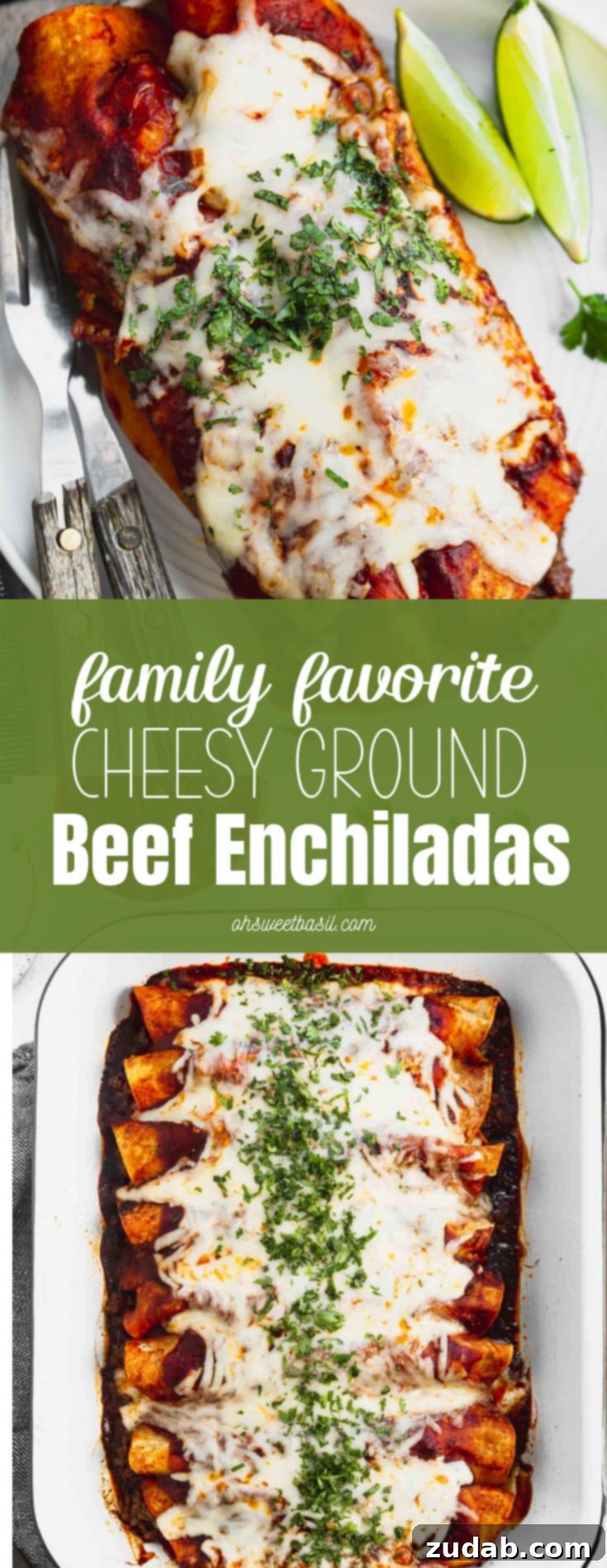 Ultimate Cheesy Ground Beef Enchiladas 3 A photo of two ground beef enchiladas sitting on a white plate with two lime wedges sitting next to them.