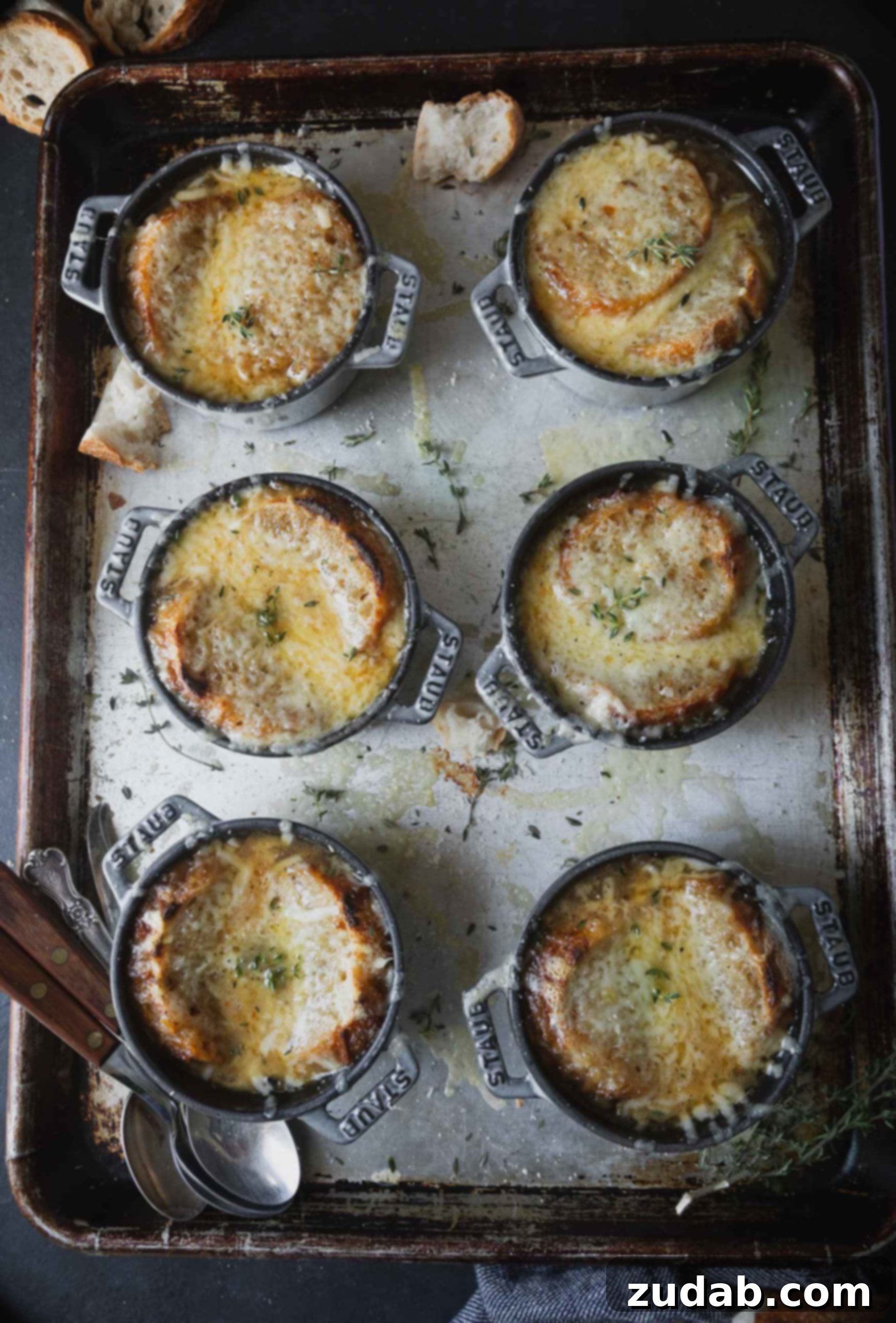 Better Than Steakhouse Onion Soup A baking sheet with containers of golden-brown French onion soup, topped with toasted bread and perfectly melted, bubbly cheese.