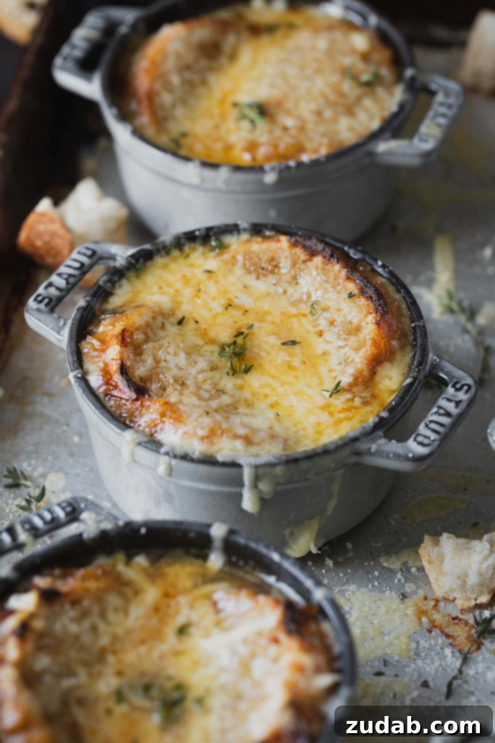 Better Than Steakhouse Onion Soup A metal soup bowl of French onion soup topped with rich melted Gruyere cheese and a toasted piece of bread. Two other bowls of soup are visible in the background, ready to be enjoyed.