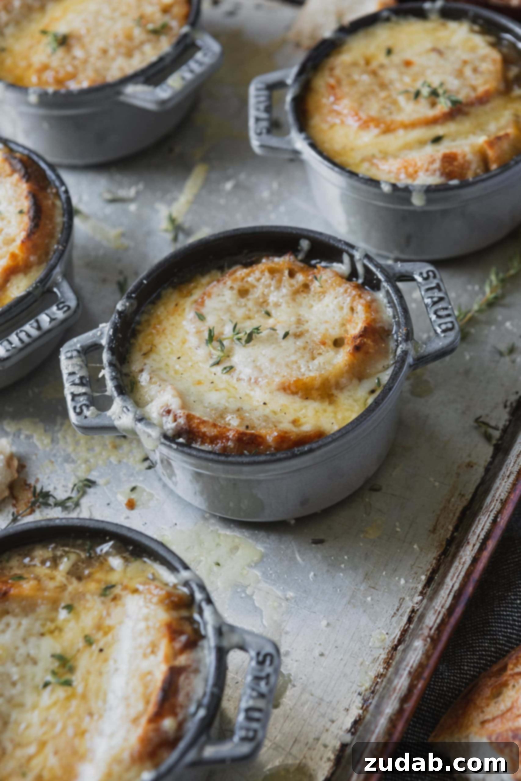 French Onion Soup: Outshining Every Steakhouse 2 A baking sheet with several metal soup bowls, each filled with French onion soup, topped with golden-brown toasted bread and perfectly melted, bubbly cheese.