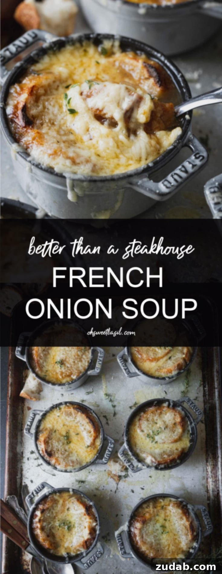 French Onion Soup: Outshining Every Steakhouse 3 A large baking sheet filled with individual containers of golden-brown French onion soup, topped with toasted bread and perfectly melted, bubbly cheese, ready to be served.