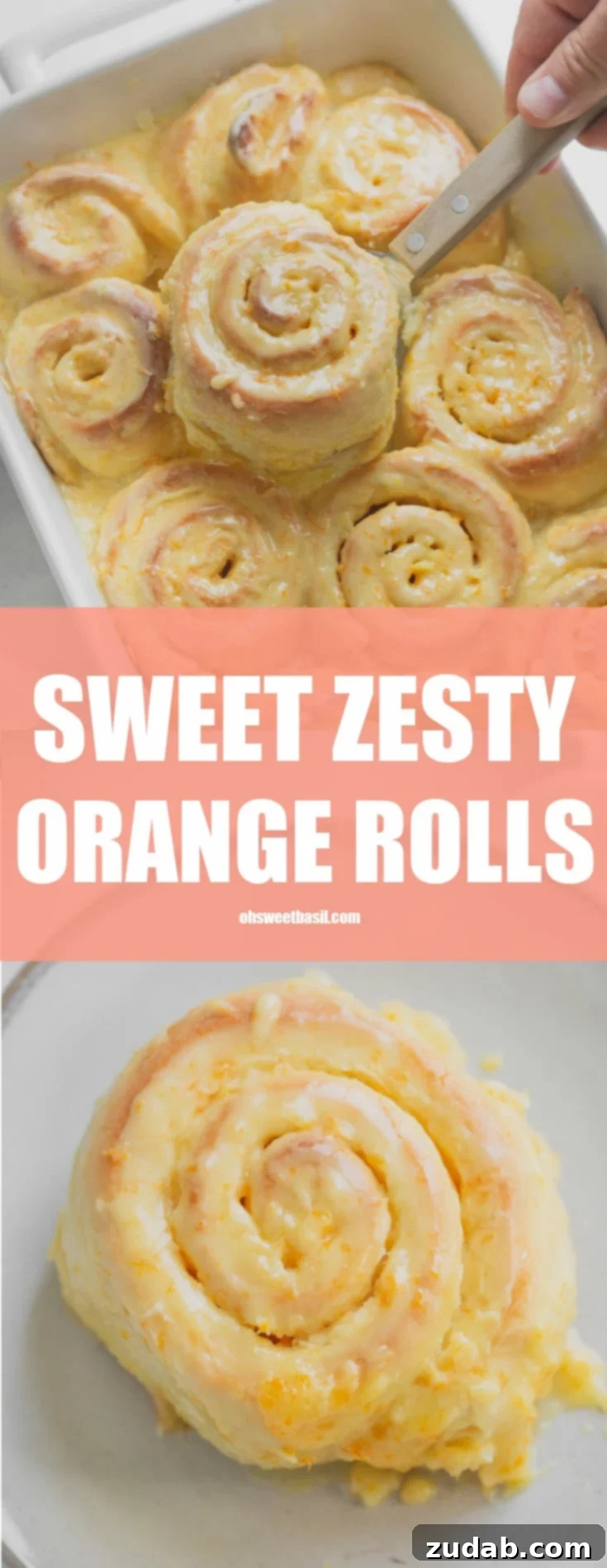 Sunshine Orange Rolls 3 A pan of baked, glazed orange rolls. They are golden brown with an orange glaze filled with bits of orange zest.