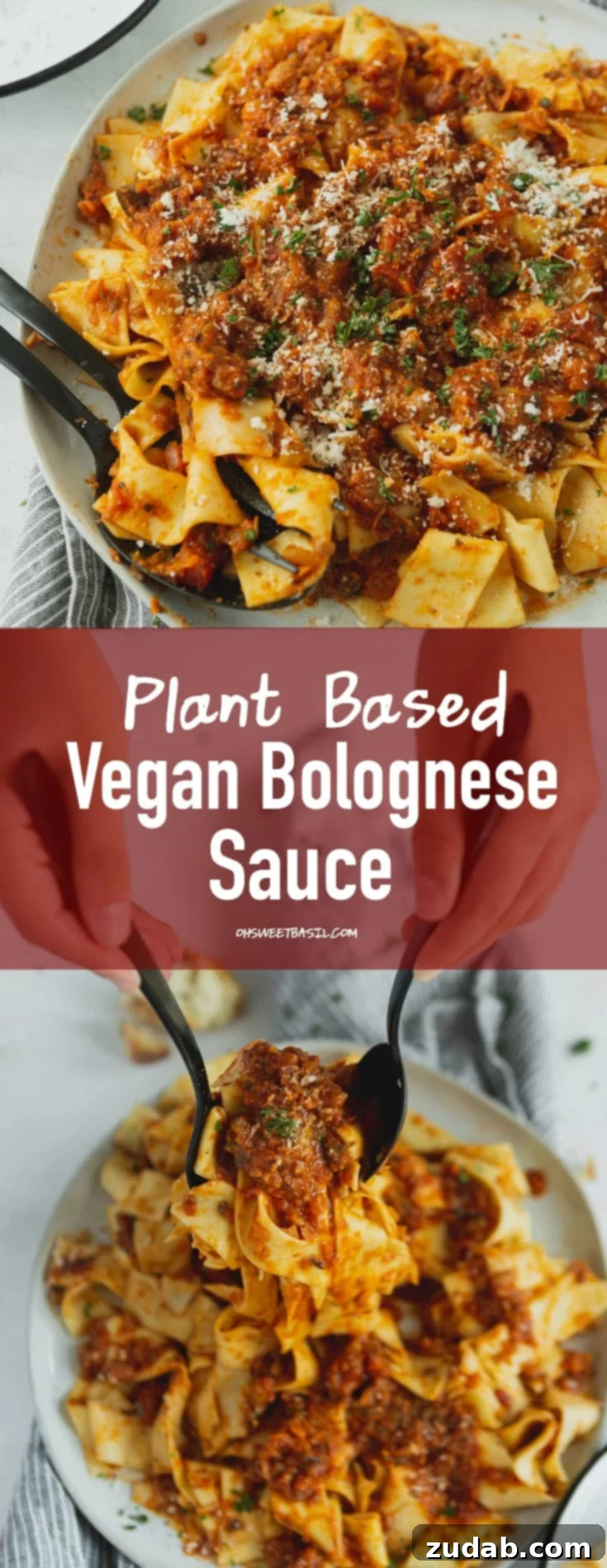 Irresistible Vegan Bolognese Meal A beautifully presented dinner plate of pasta, generously topped with hearty vegan bolognese sauce, fresh cilantro, and a fork ready for digging in. The sauce is thick and inviting.