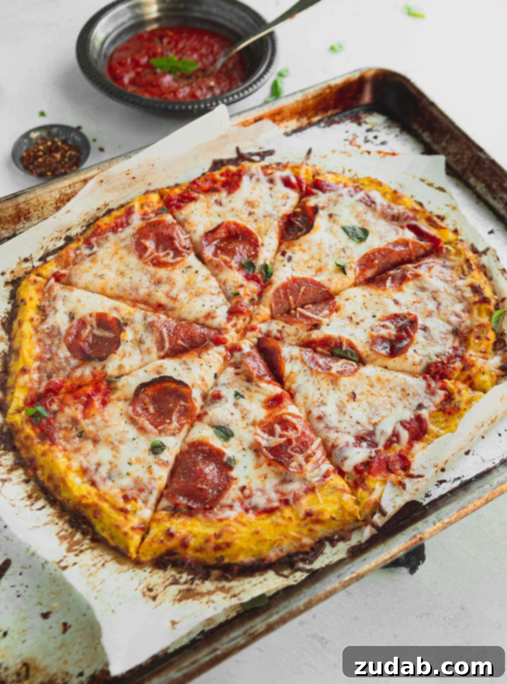 A sliced pepperoni pizza on a keto spaghetti squash crust.