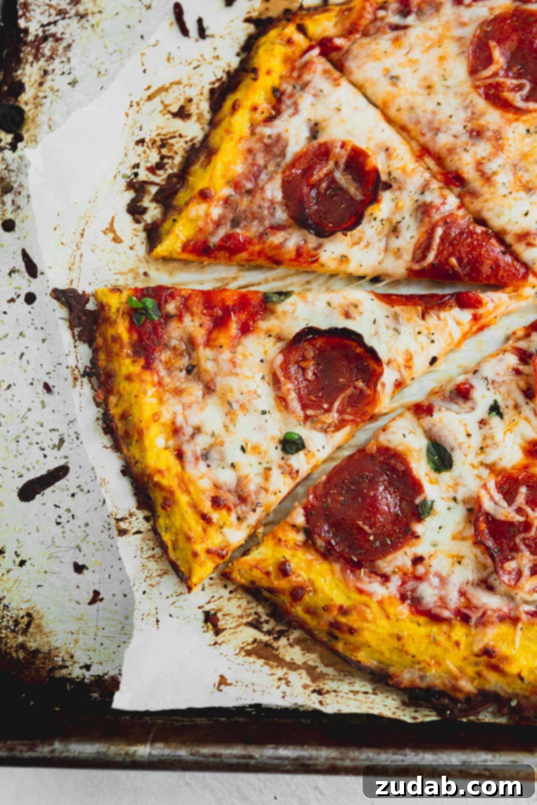 A sliced pepperoni pizza on a keto spaghetti squash crust. The pepperoni is toasted and the the cheese is melted. You can see the pizza sauce and a few green herbs.