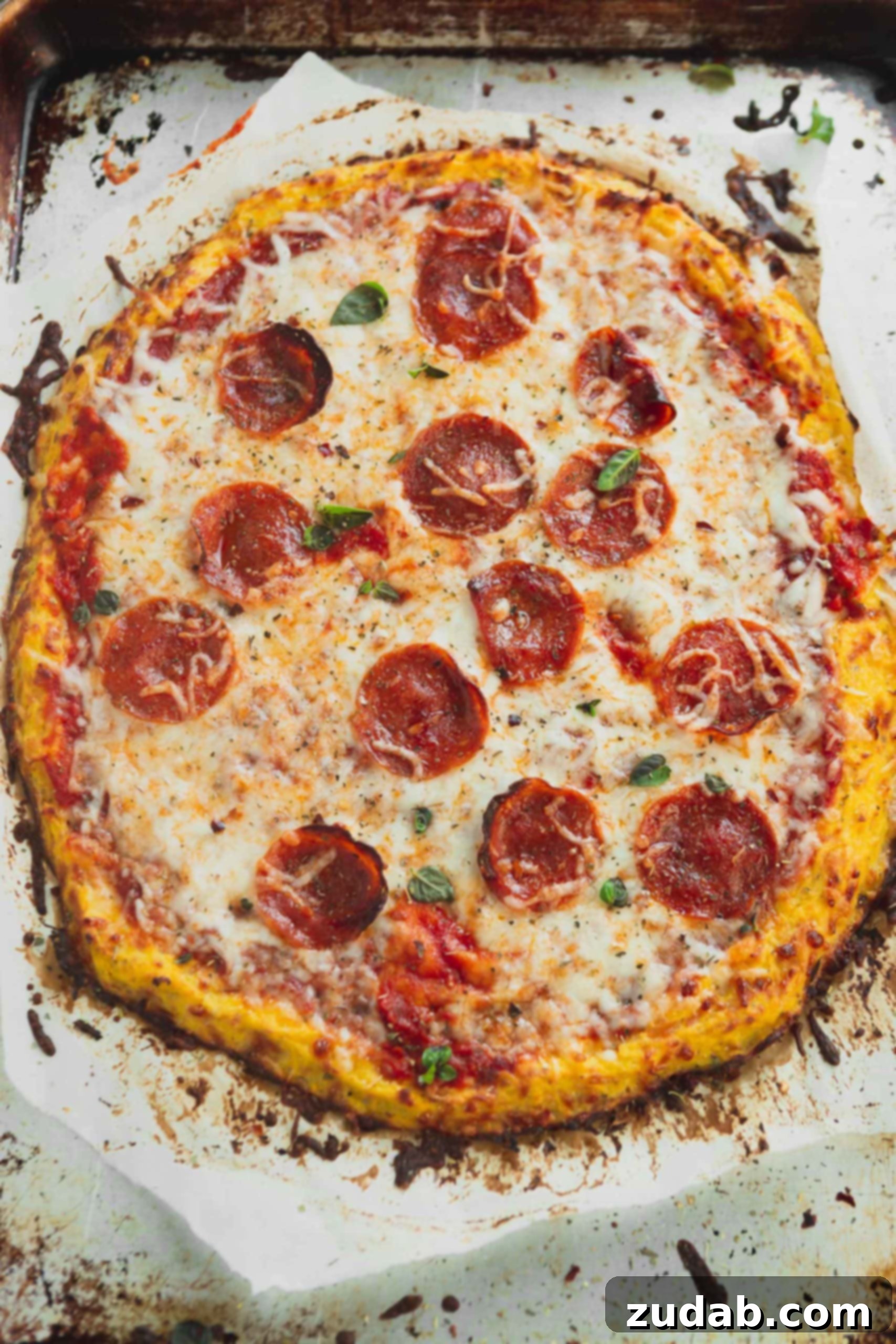 A keto spaghetti squash pizza crust with pepperoni and cheese.