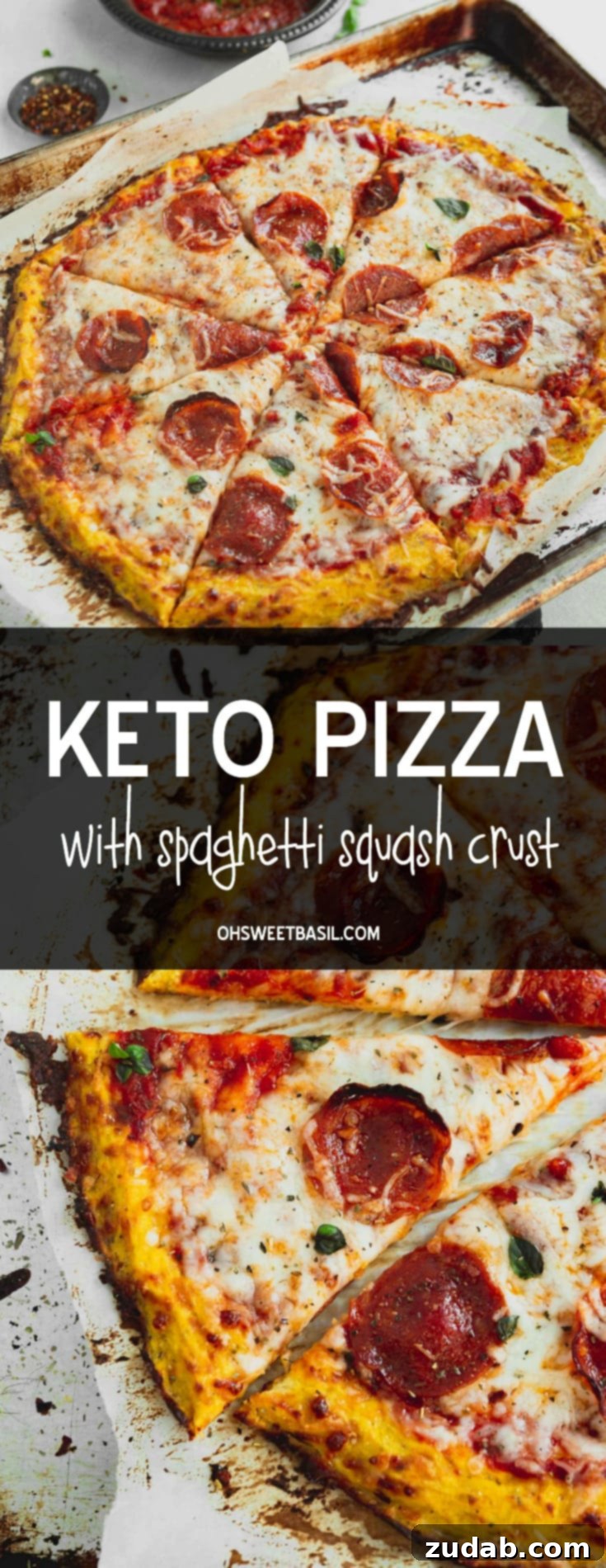 A sliced pepperoni pizza on a keto spaghetti squash crust.