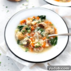 A vibrant bowl of Italian Wedding Soup, rich with homemade meatballs, fresh spinach, and tender pasta.