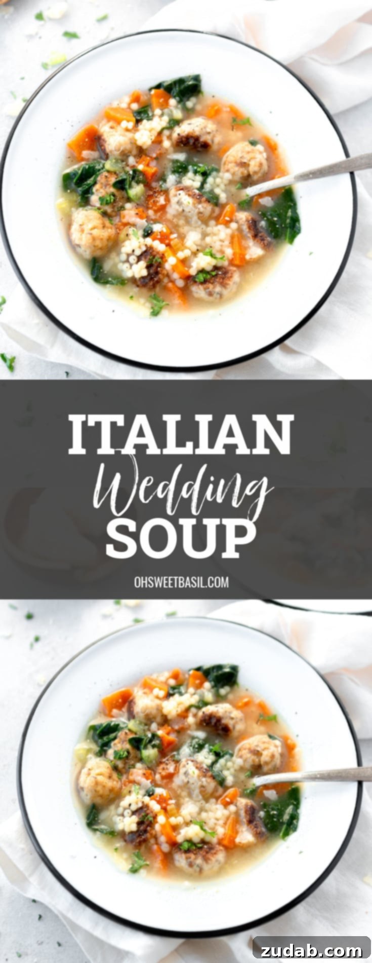 A close-up of a steaming bowl of Italian Wedding Soup, with a spoon revealing the rich broth, mini meatballs, colorful carrots, and vibrant spinach.