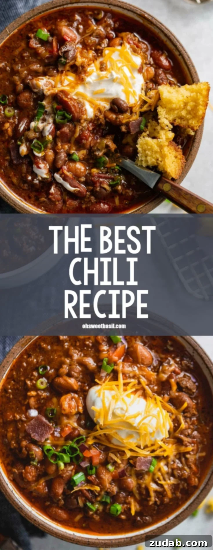 The Ultimate Chili Recipe 5 A bowl of chili. The chili has ground beef, beans and a rich sauce. It is topped with sour cream and shredded cheese and a piece of cornbread is on the edge of the bowl.