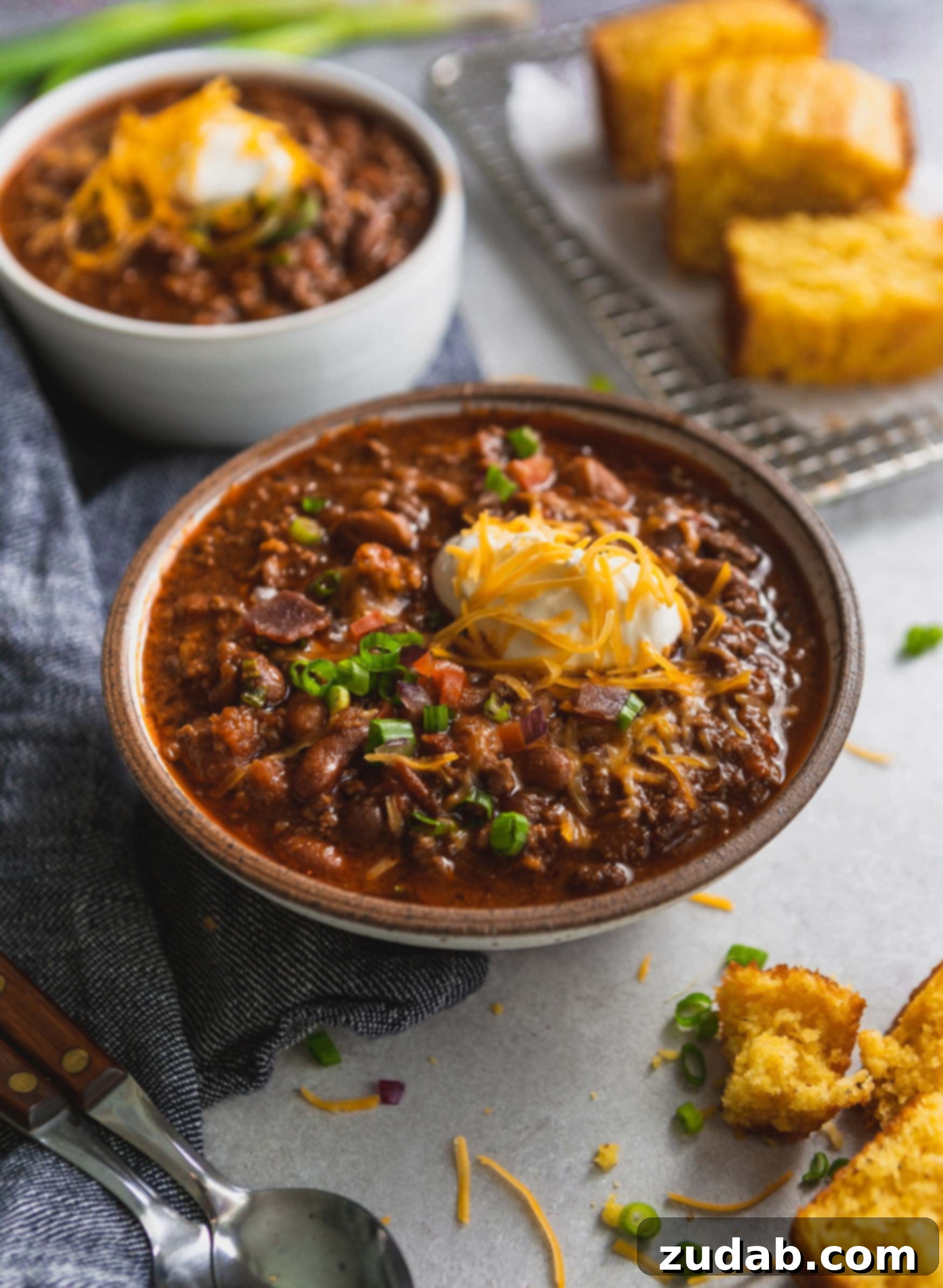 Best Chili Recipe A large bowl of the best chili topped with sour cream and grated cheese. Another bowl for chili is in the background and there are a few pieces of cornbread next to the chili.