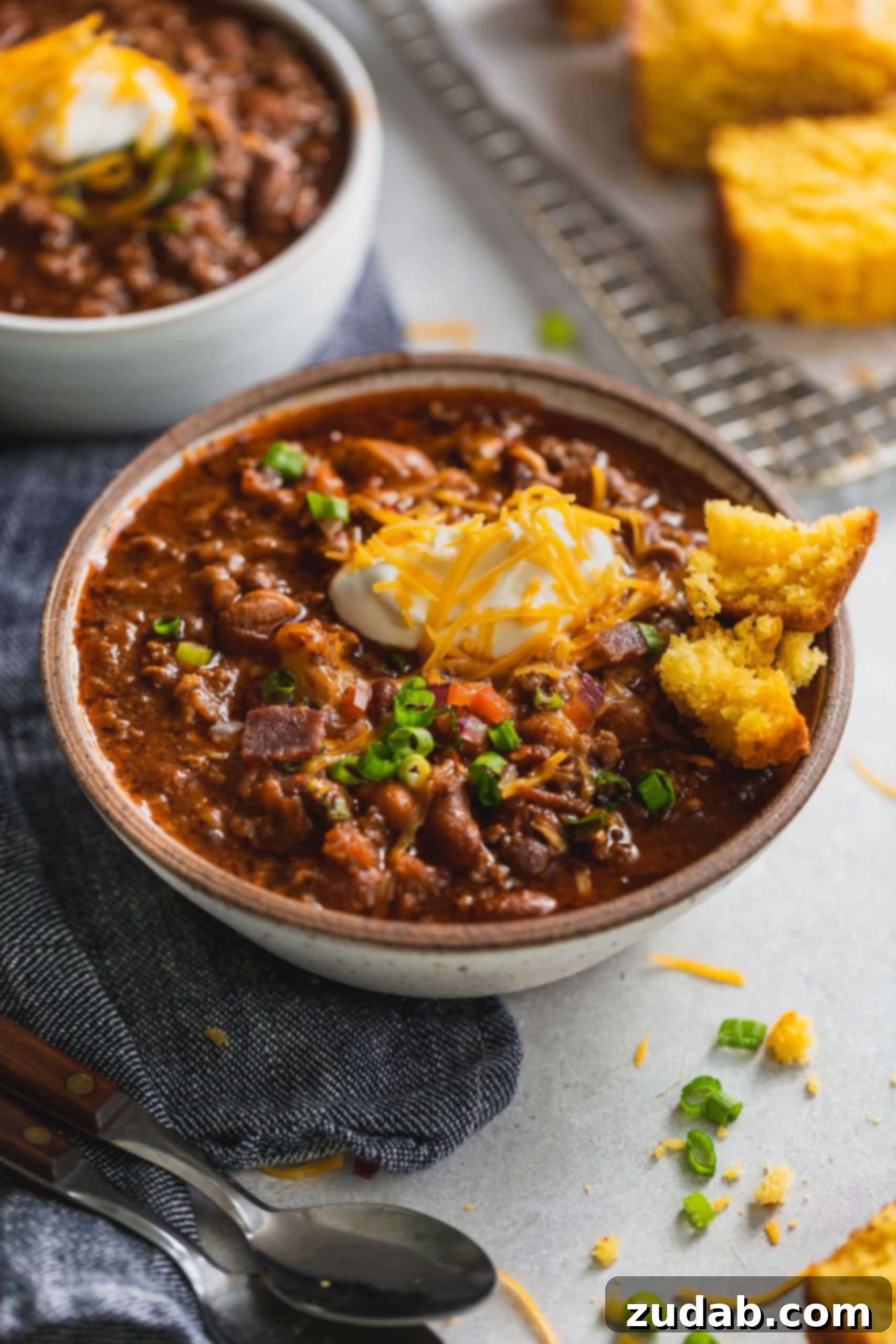 Best Chili Recipe A bowl of the best chili. It has a spoonful of sour cream and shredded cheese on top. You can see the ground beef and beans in the chili, and a piece of cornbread is on the edge of the bowl. Another bowl of chili is in the background.