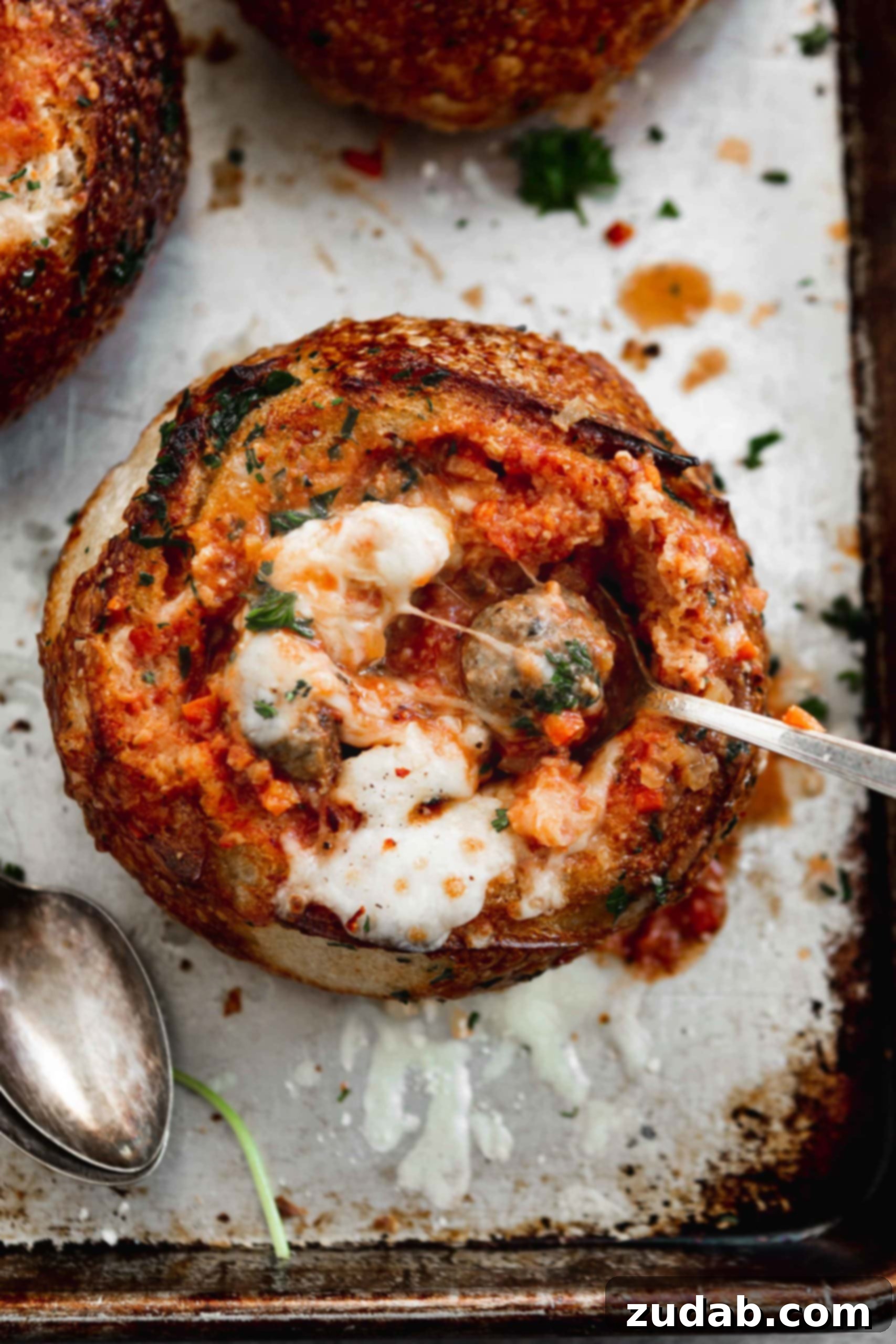 Parmesan Meatball Soup A bread bowl filled with parmesan meatball soup. A spoon is in the soup and cheese is melted on top.