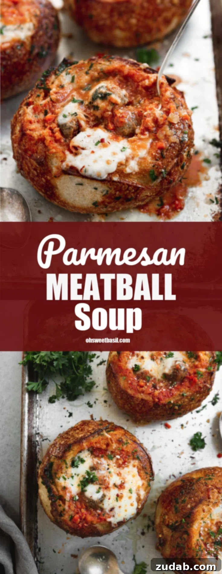 Comforting Parmesan Meatball Soup 2 A bread bowl filled with parmesan meatball soup. The bread bowl and soup have been baked to a perfect toasty brown and the cheese on top is gooey melted perfection.