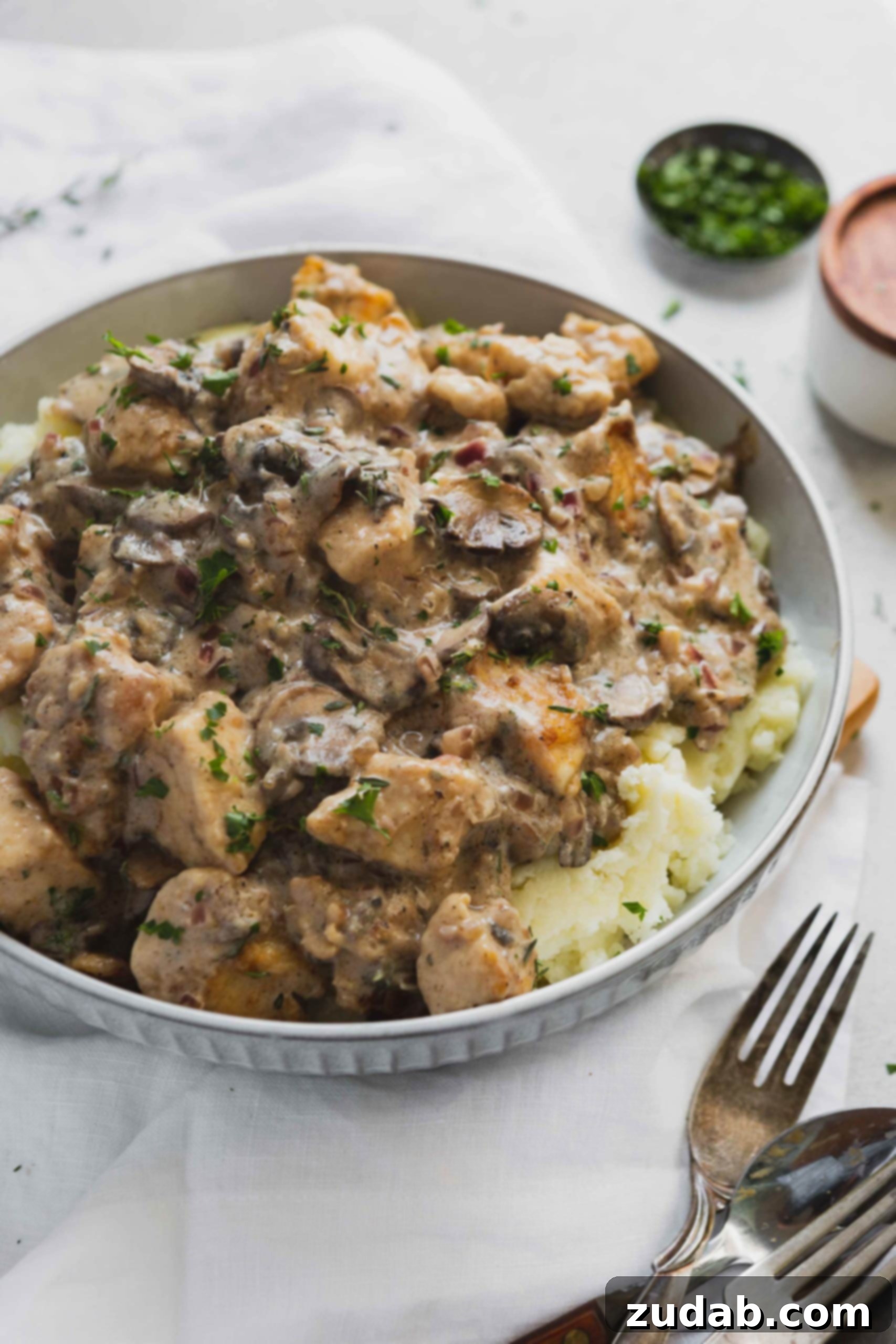 Creamy Chicken Stroganoff A serving of creamy chicken stroganoff over mashed potatoes. There are chunks of chicken and mushrooms in a creamy, savory sauce.