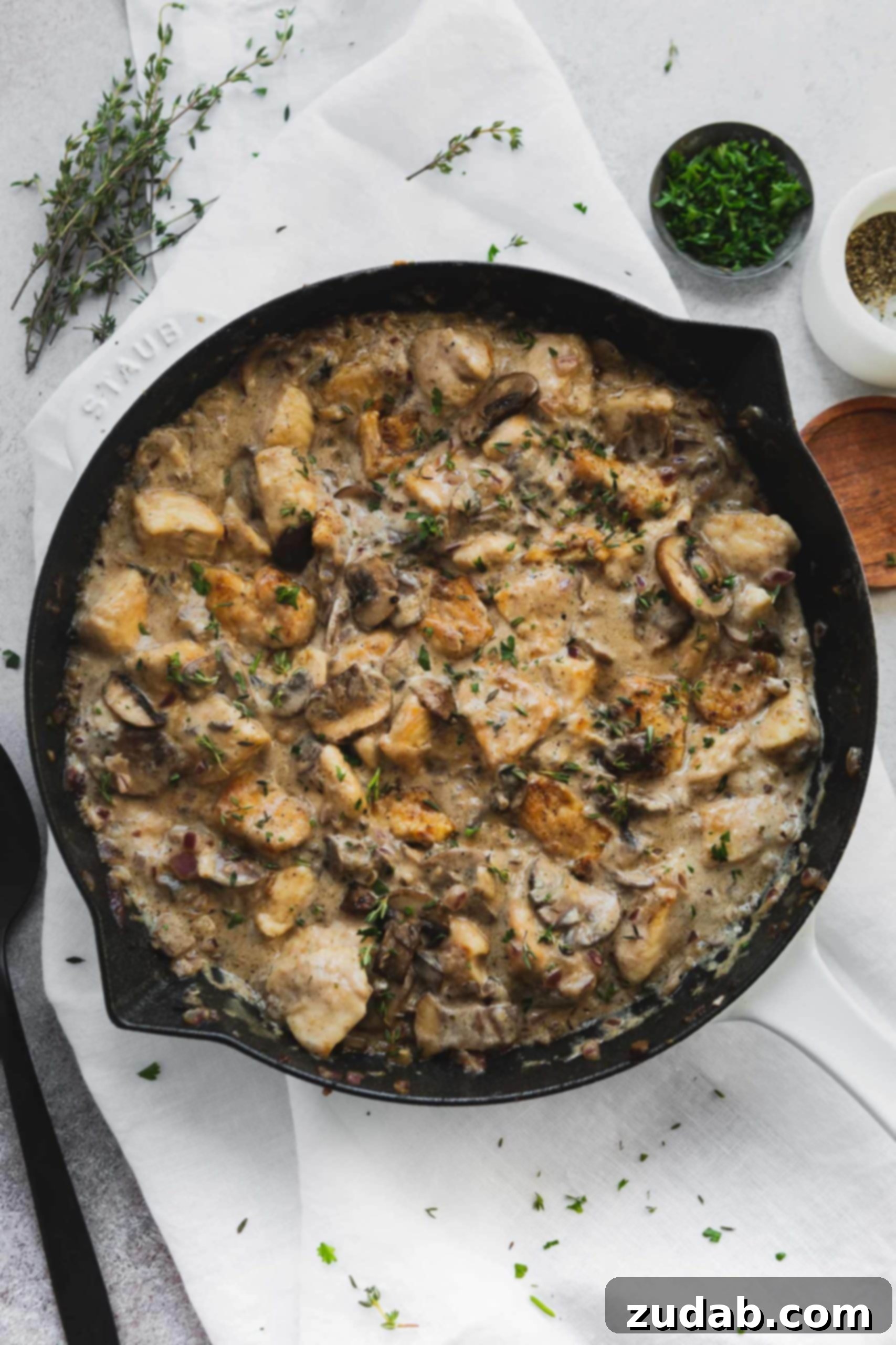 Creamy Chicken Stroganoff A Dutch Oven filled with creamy chicken stroganoff. The stroganoff has chunks of chicken in a rich, savory sauce.