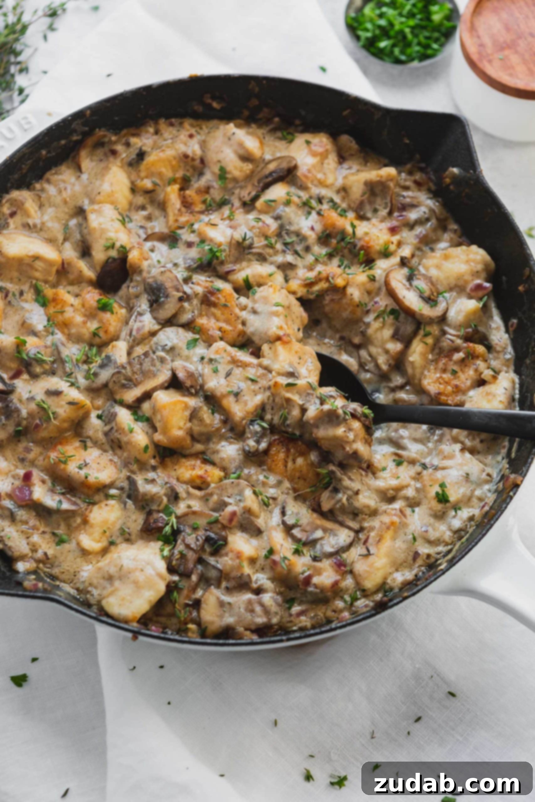 Creamy Chicken Stroganoff Chicken stroganoff in a Dutch Oven with a serving spoon. There are chunks of chicken and mushrooms in a creamy sauce.
