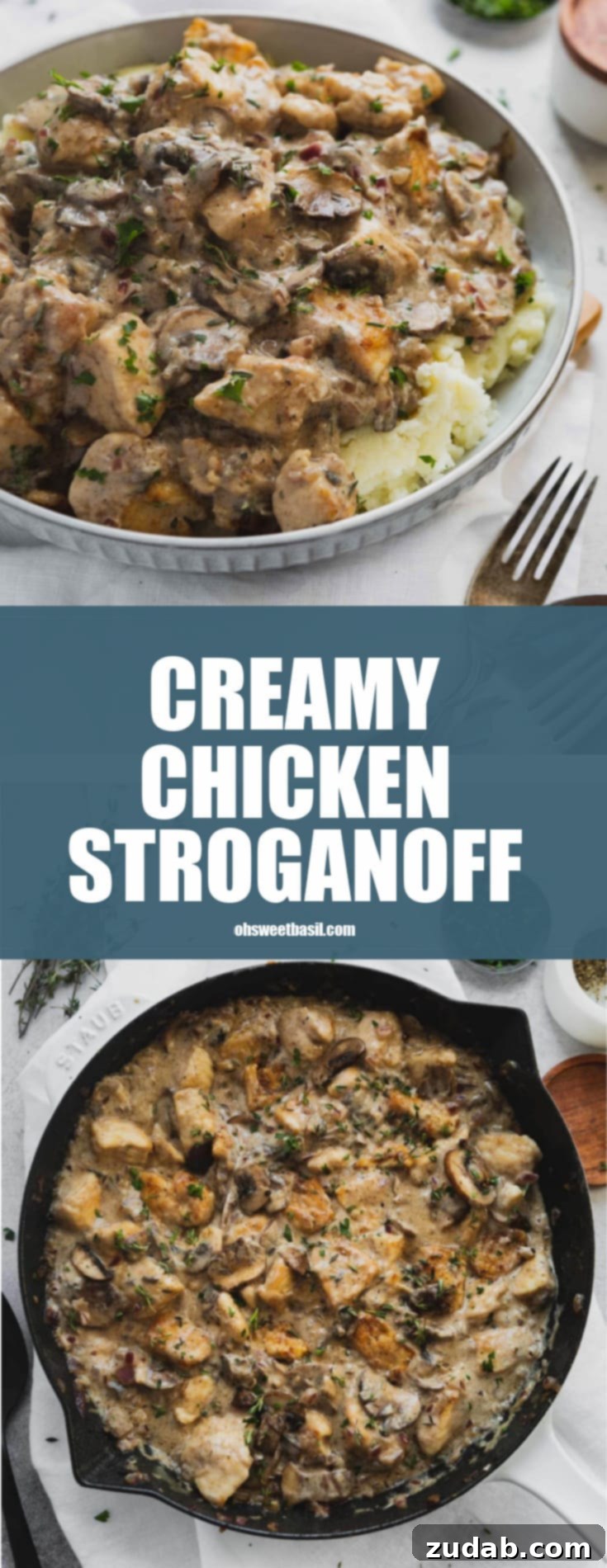 Velvety Chicken Stroganoff 3 Chicken stroganoff in a Dutch Oven with a serving spoon. There are chunks of chicken and mushrooms in a creamy sauce.