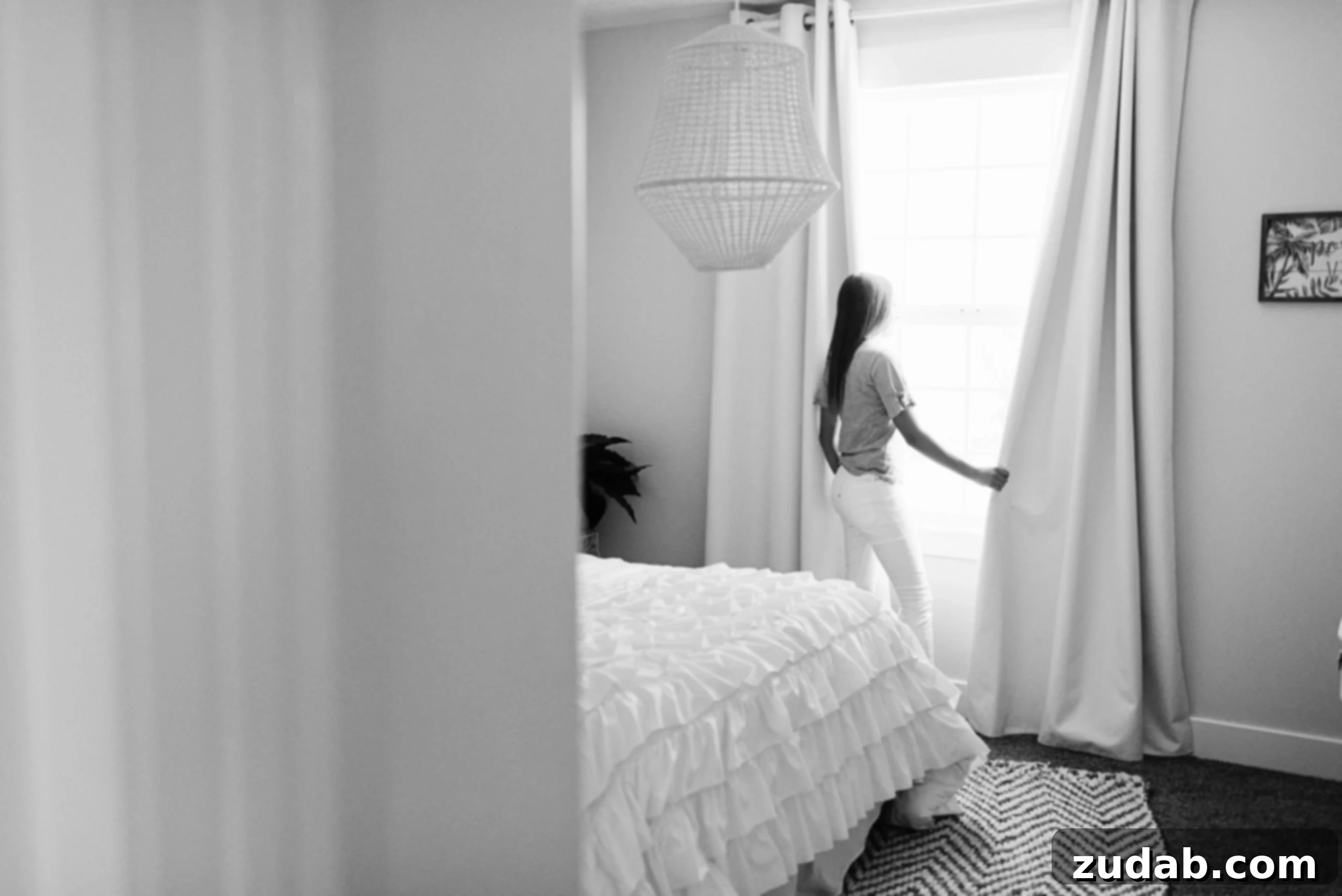 A photo of a young woman looking out a window and holding the curtain, symbolizing quiet contemplation and patience.