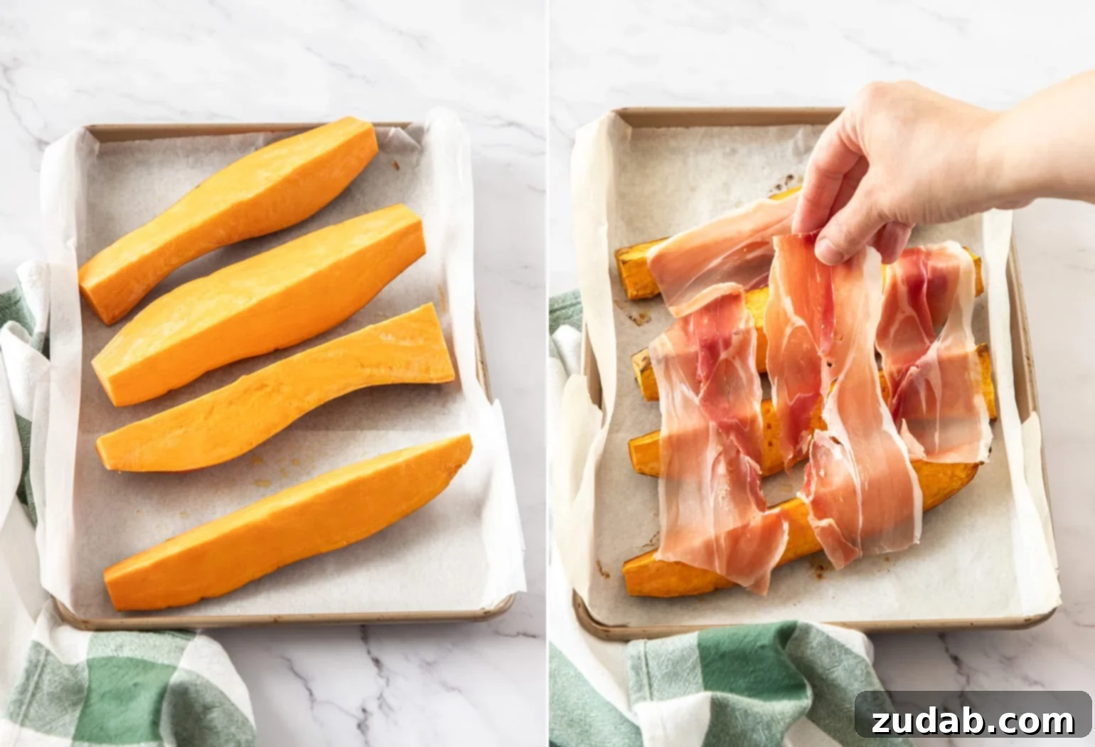 Quarters of sweet potato on a baking tray with prosciutto being laid across it