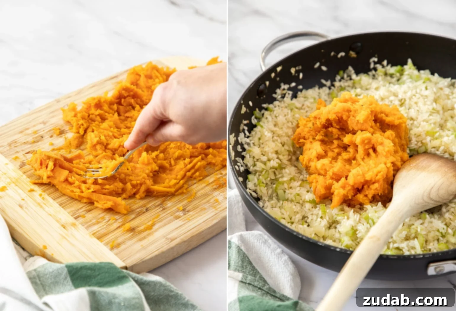Sweet potato being mashed with a fork, then added to a skillet with onions and rice
