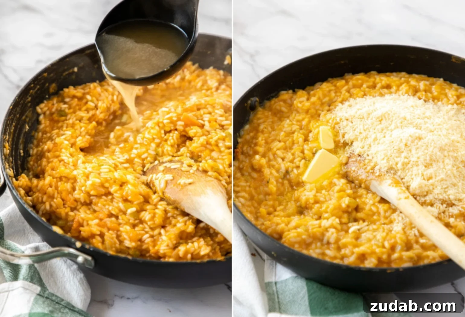 A large skillet of orange coloured rice, with stock, butter and parmesan being added