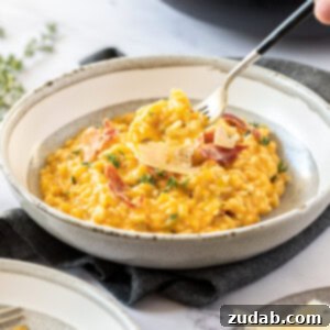 A grey bowl on a dark grey napkin. It's filled with orange coloured risotto