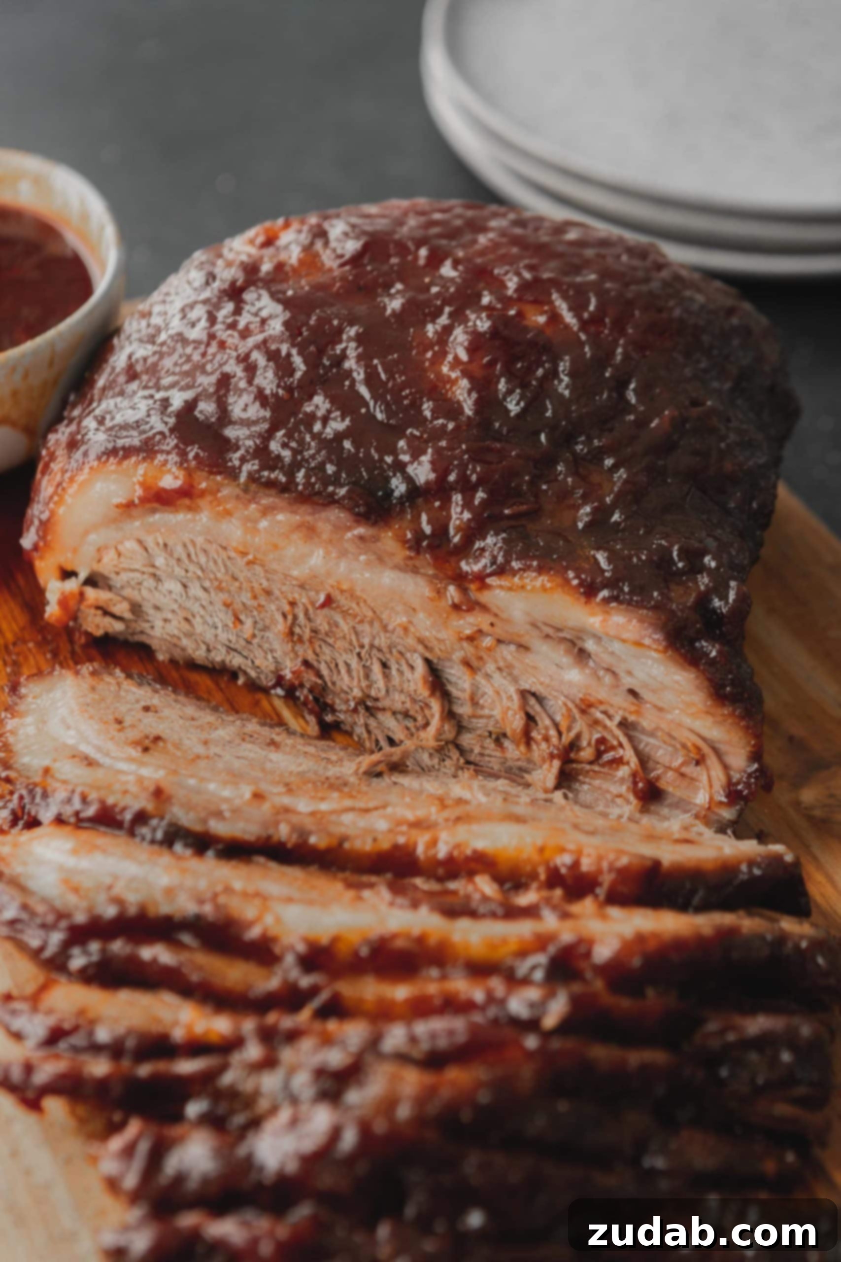 Slow Cooker Beef Brisket A partially sliced BBQ brisket with a glaze of BBQ sauce on top.