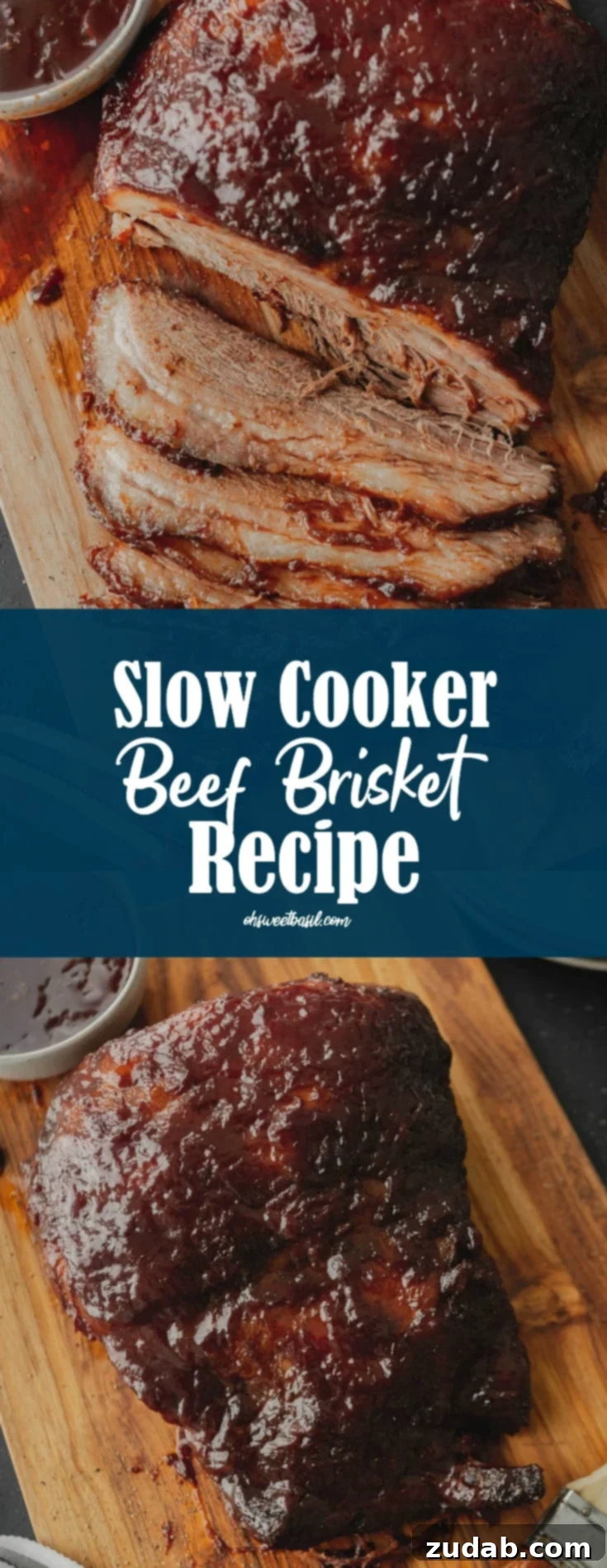 Fall-Apart Tender Slow Cooker Brisket 3 A BBQ brisket that has been sliced. The brisket is glazed with BBQ sauce.