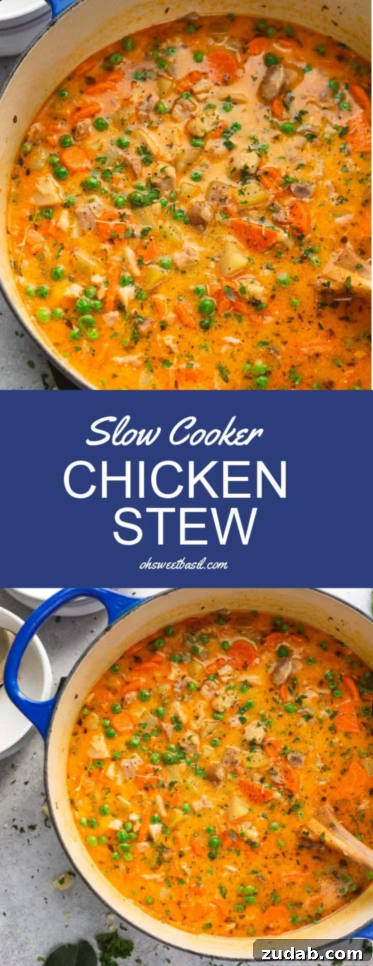 Hearty Slow Cooker Chicken Stew 7 A pot of chicken stew. The stew is thick and bright colored with bits of celery, herbs, chicken and potatoes. A wooden spoon is in the pot and chopped herbs are on the counter top next to the pot.