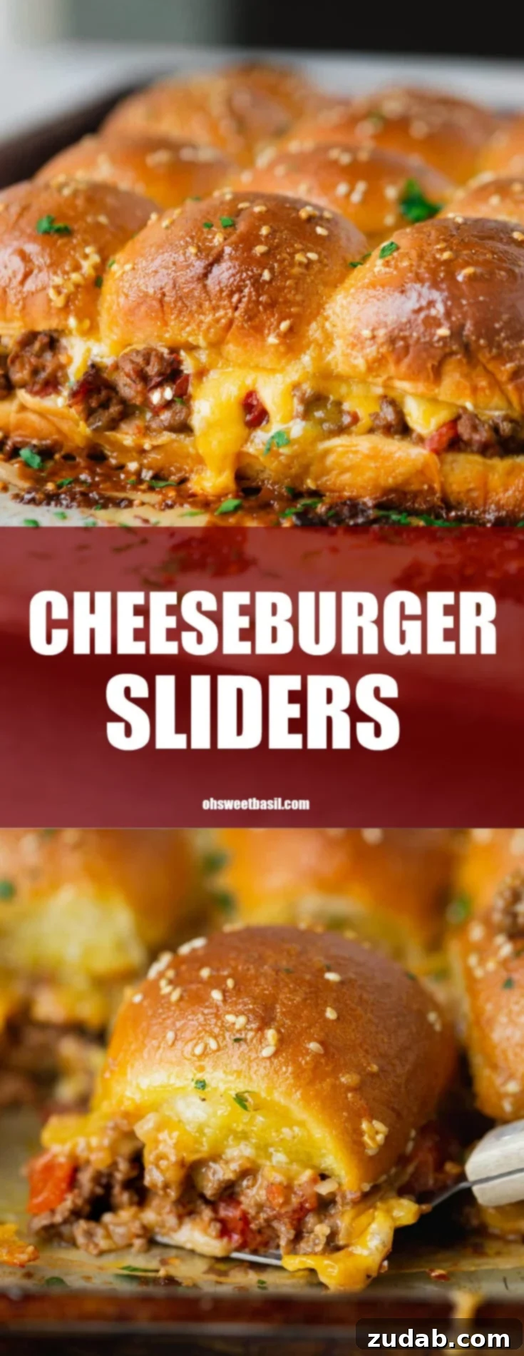 A panful of cheeseburger sliders. The cheese is oozing from the rolls and you can see ground beef and chunks of tomatoes.