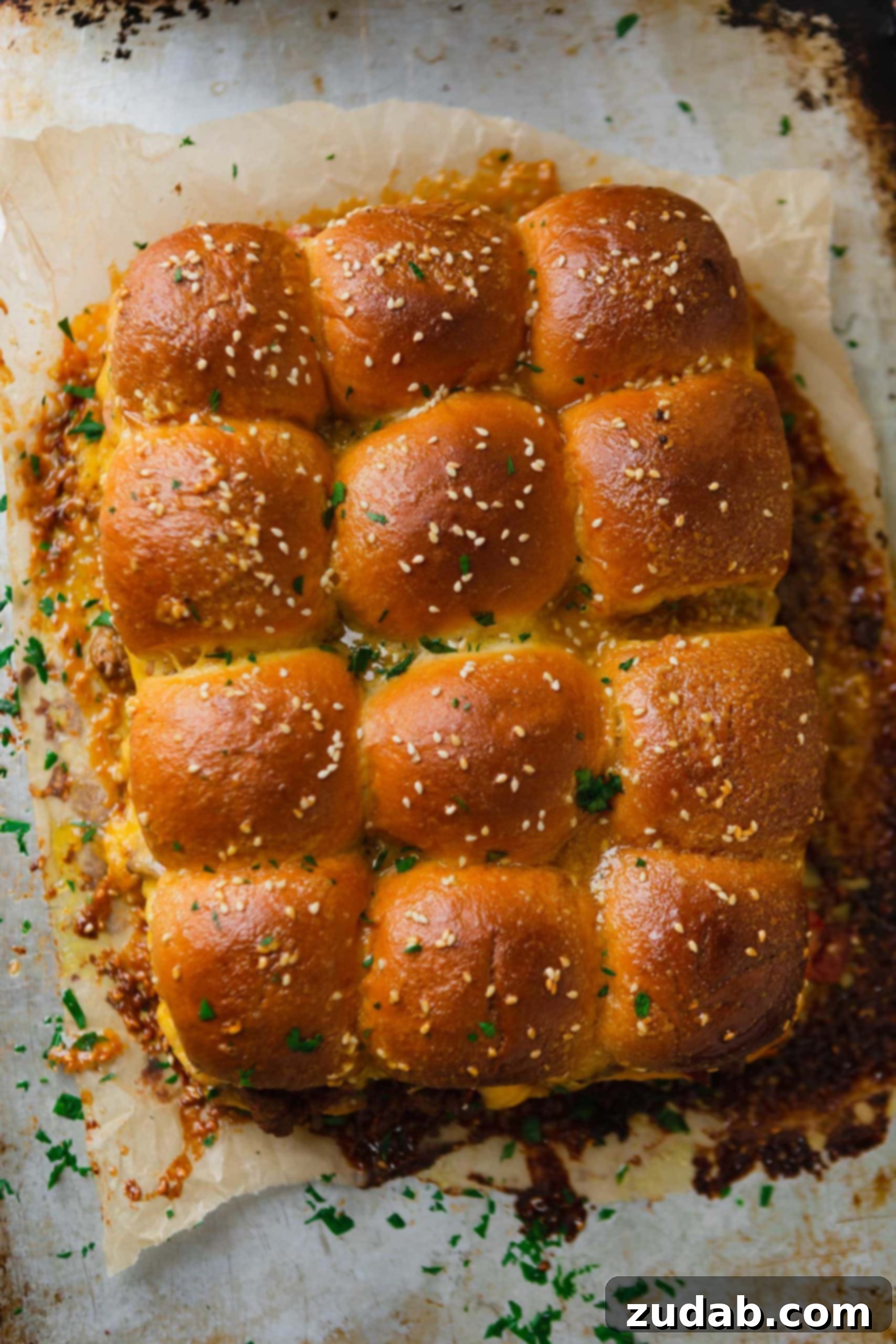 A panful of cheeseburger sliders. There is melted cheese oozing from the rolls that are sprinkled with sesame seeds.