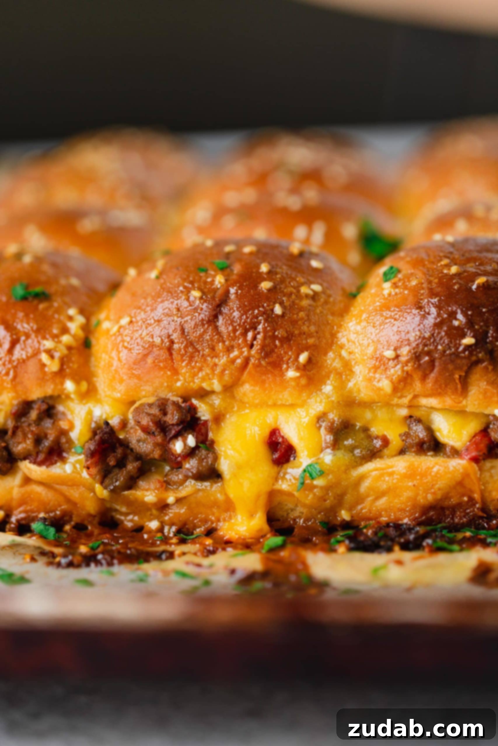 A panful of cheeseburger sliders. There is ground beef, chopped tomatoes and melted cheese on the buns and the buns are topped with sesame seeds and sauce.