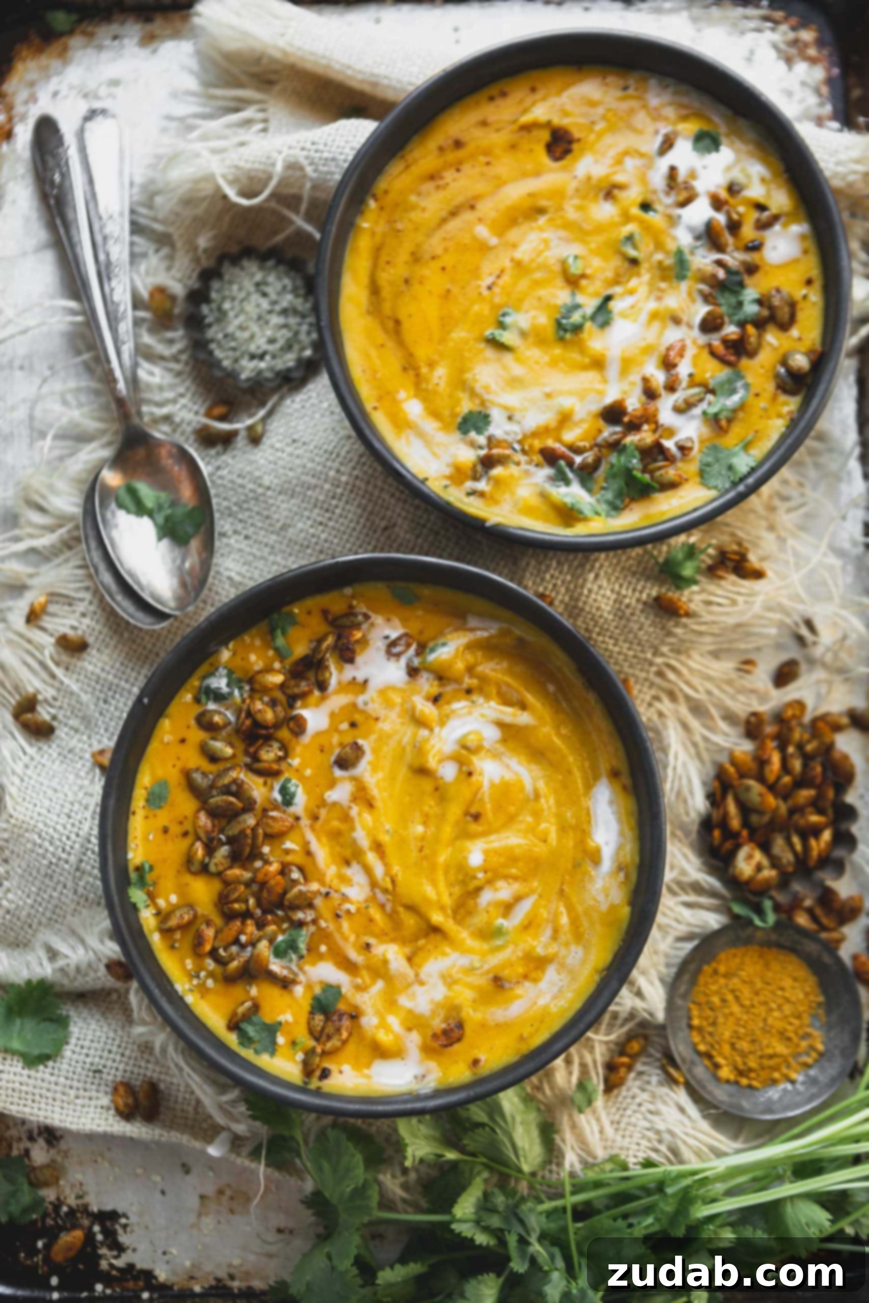 Plant Based Vegan Butternut Squash Soup Two bowls of vegan butternut squash soup. They are sprinkled with fresh cilantro and roasted hemp seeds. a spoon is next to the soup and the table has scattered hemp seeds and cilantro on it.