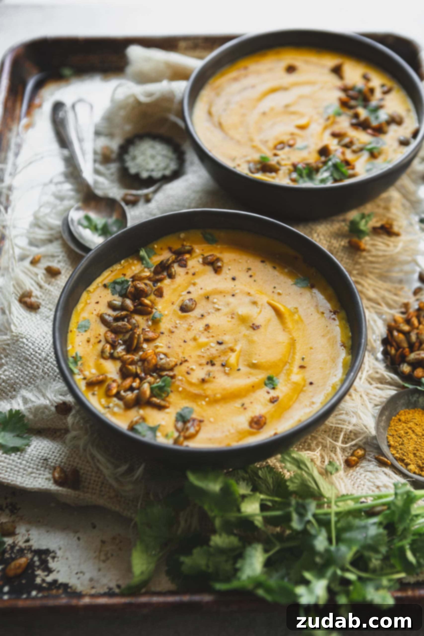 Plant Based Vegan Butternut Squash Soup A bowl of vegan butternut squash soup topped with cilantro and hemp seeds. Another bowl of soup is in the background.