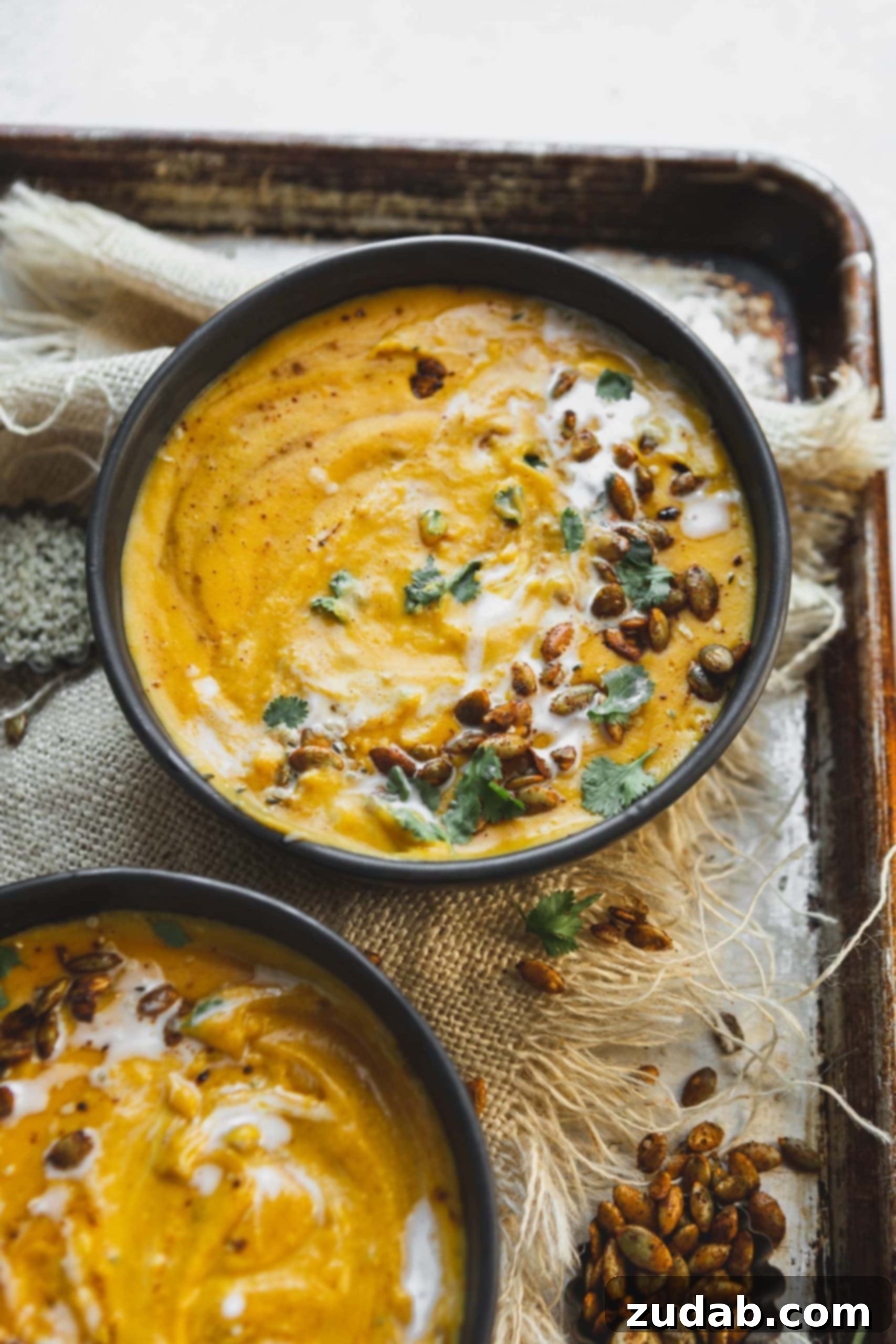 Plant Based Vegan Butternut Squash Soup A bowl or bright yellow vegan butternut squash soup. The soup is topped with fresh cilantro and roasted hemp seeds. Another bowl of soup is in the foreground.