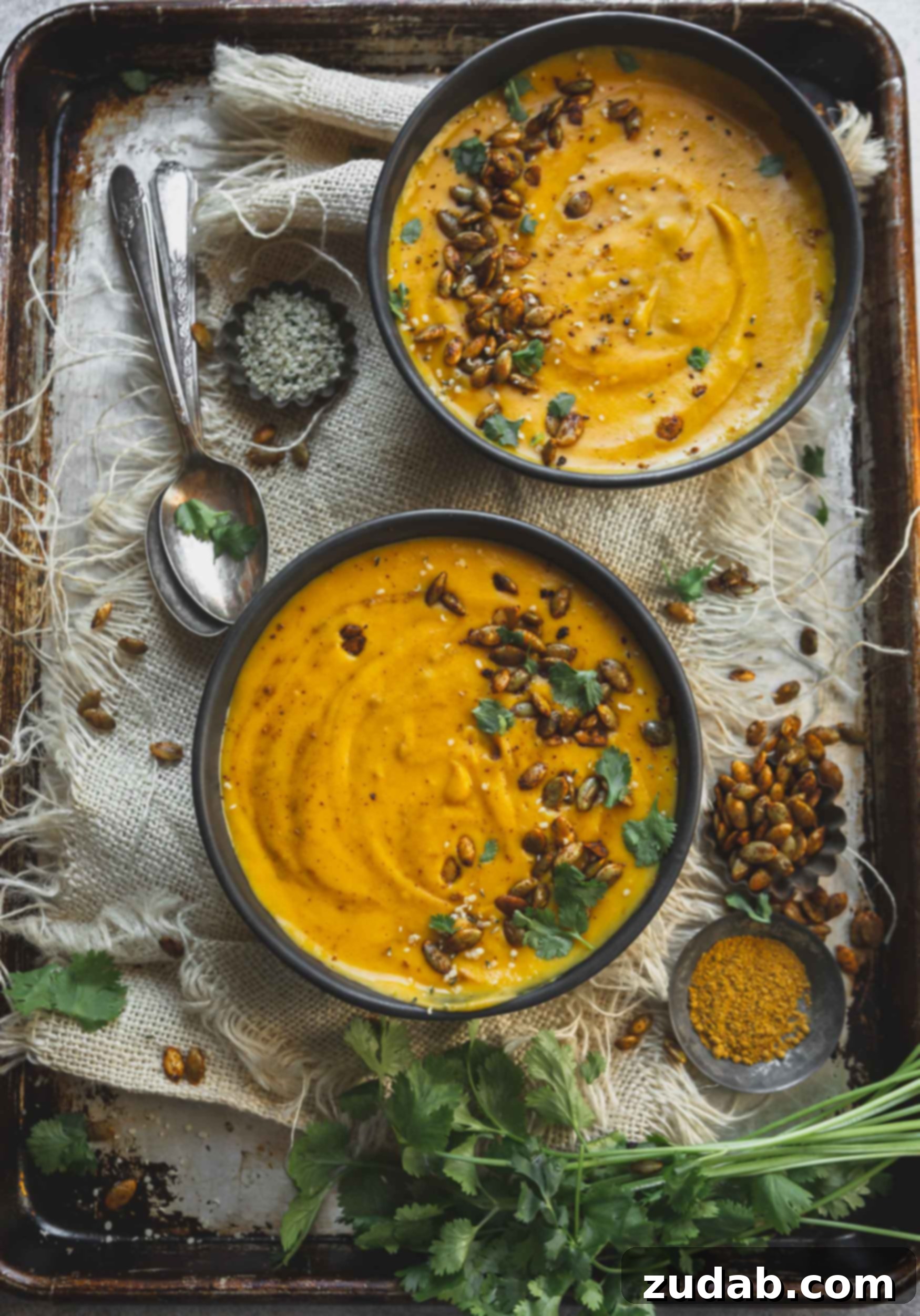 Plant Based Vegan Butternut Squash Soup Two bowls of butternut squash soup. The soup is sprinkled with cilantro and hemp seeds. There is a spoon next to the bowls of soup.